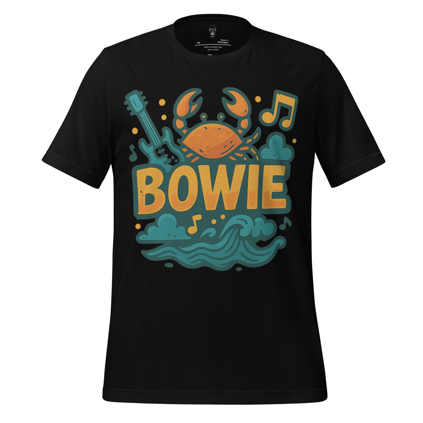 Black Bowie graphic t-shirt featuring a crab, guitar, musical notes, and waves in teal and orange colors