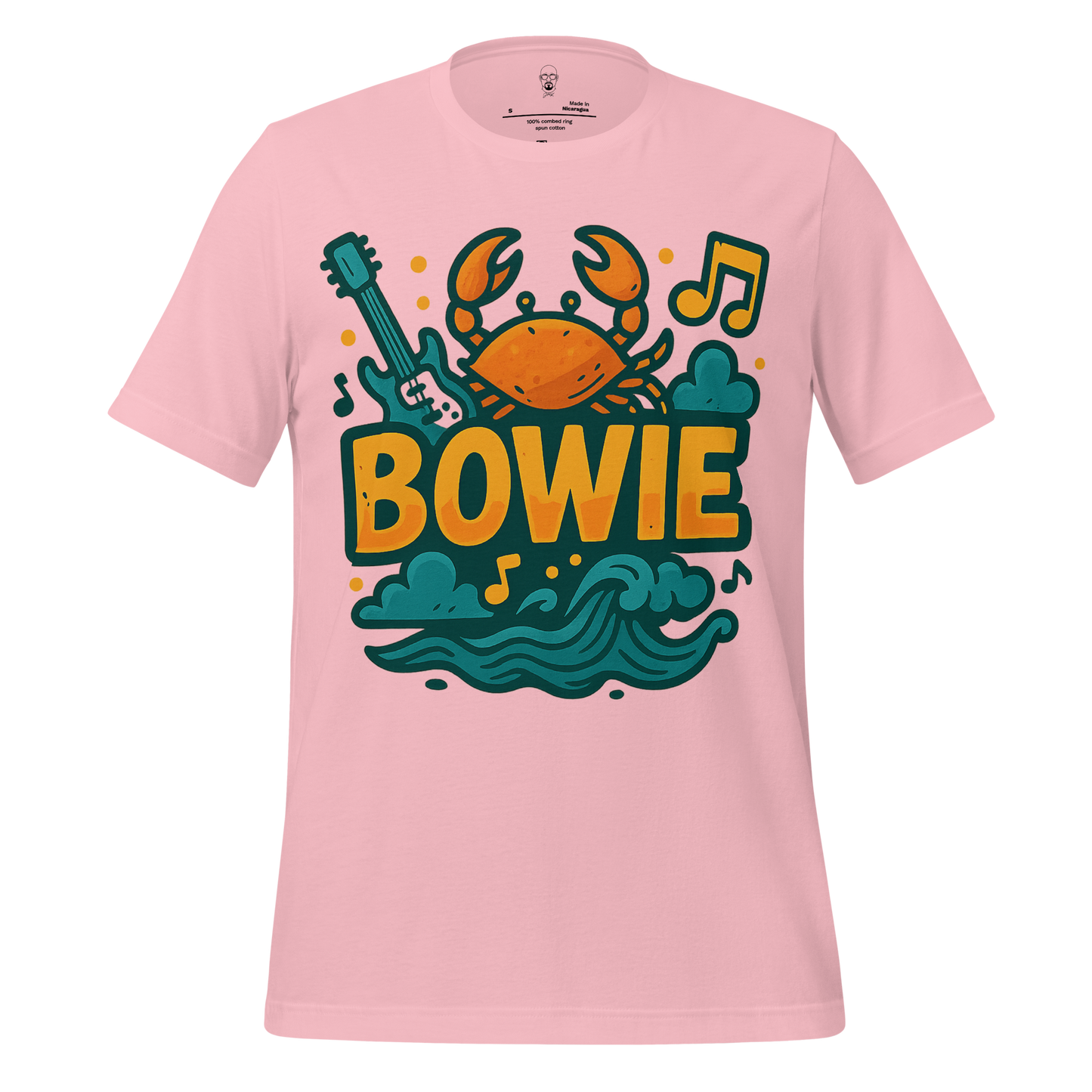 Pink Bowie graphic t-shirt featuring a crab, guitar, musical notes, and ocean waves design