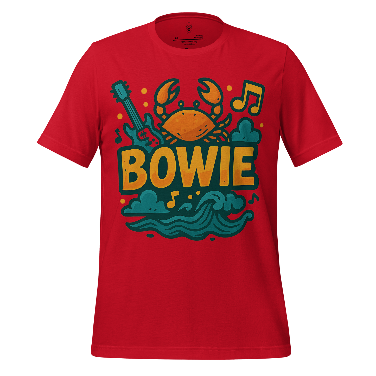 Red JMK Drip Bowie graphic t-shirt with crab, guitar, and musical notes design