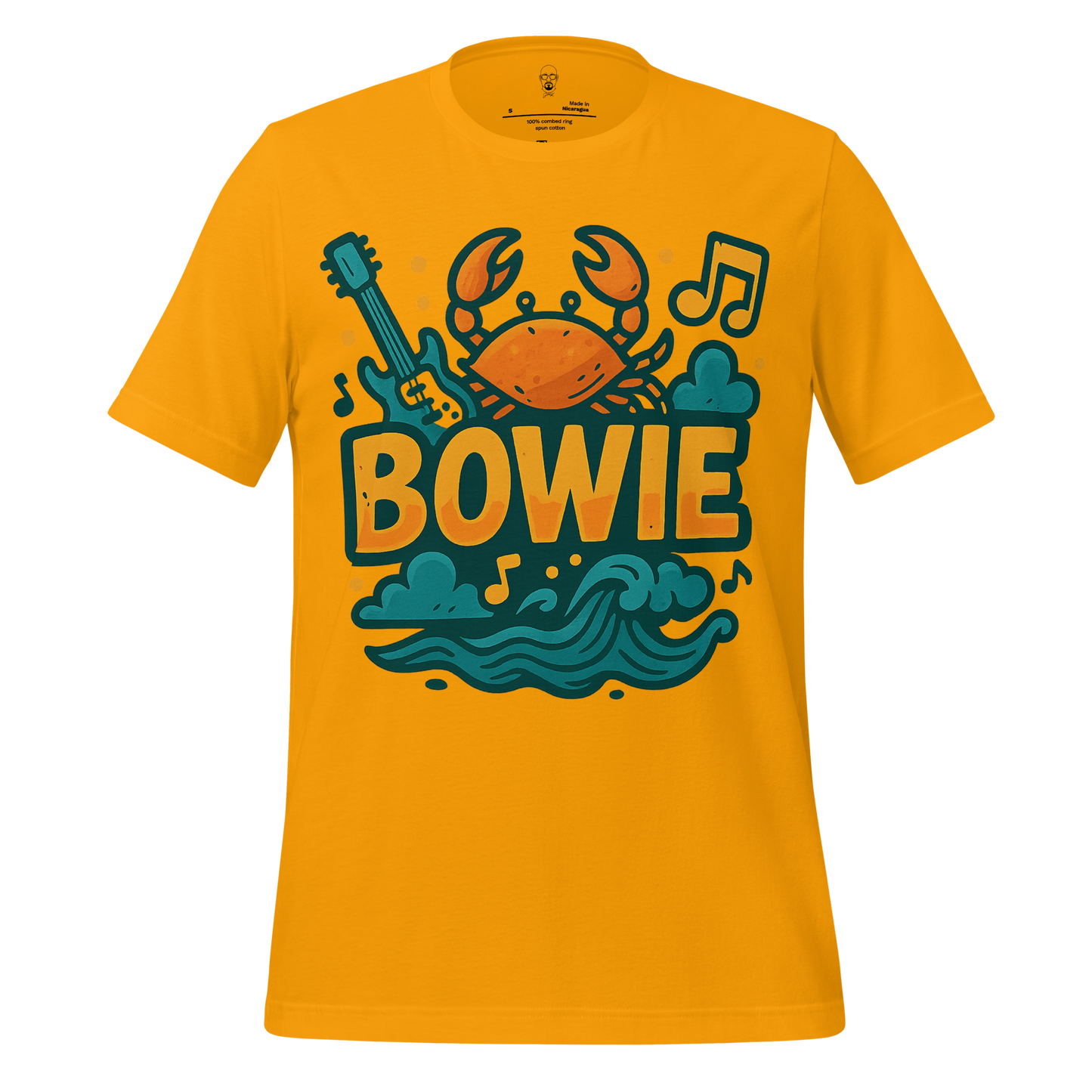 JMK Drip yellow Bowie graphic t-shirt with crab, guitar, music notes, and ocean wave design