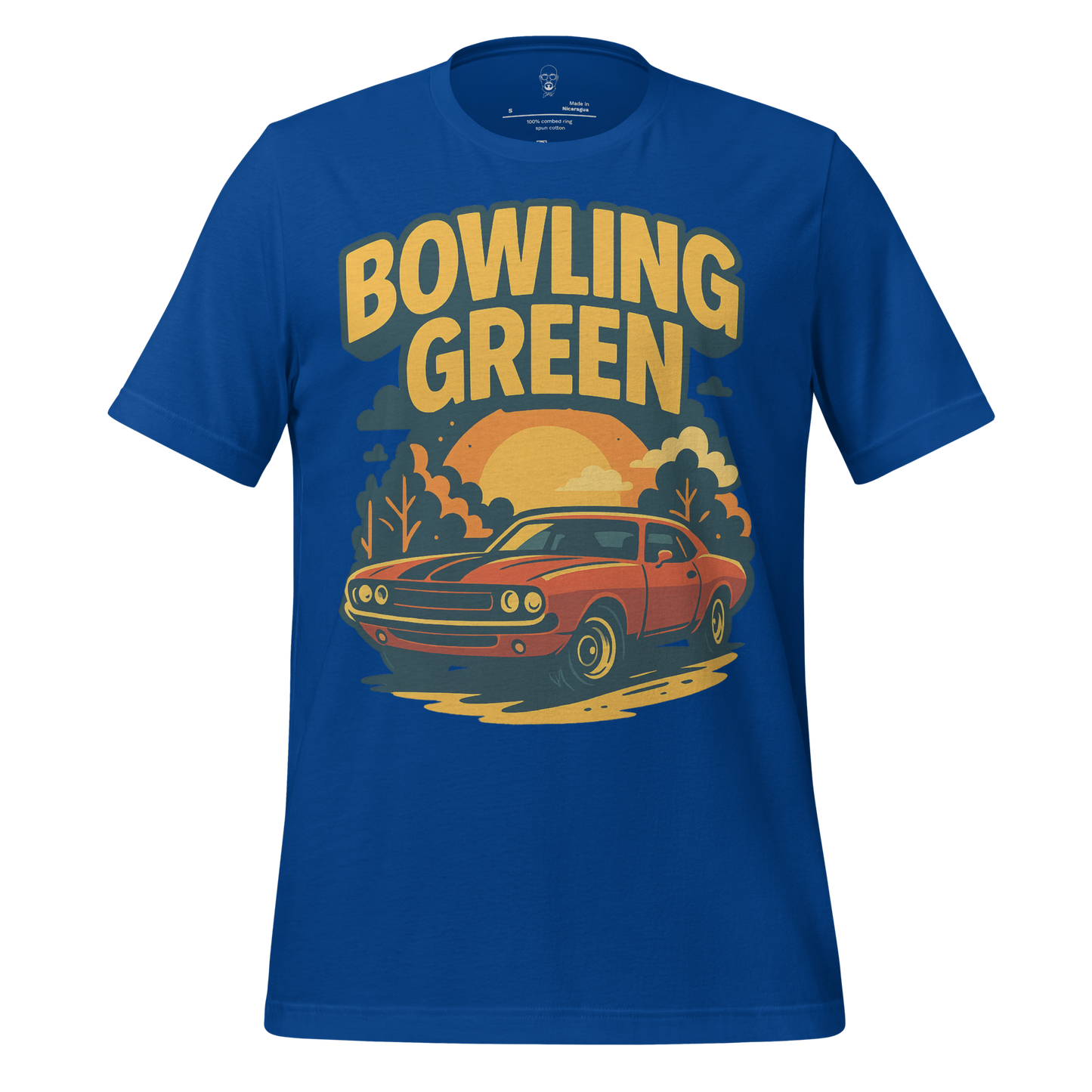 Blue Bowling Green t-shirt featuring a vintage muscle car and sunset graphic design by JMK Drip
