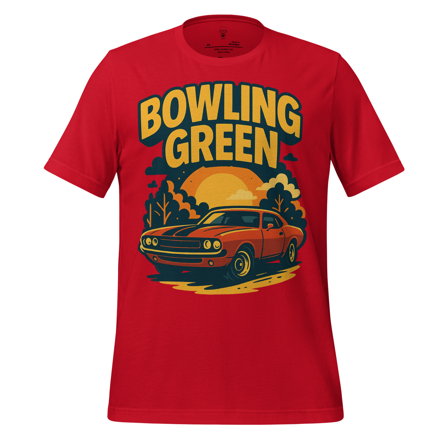 Red Bowling Green t-shirt with vintage car and sunset graphic design by JMK Drip