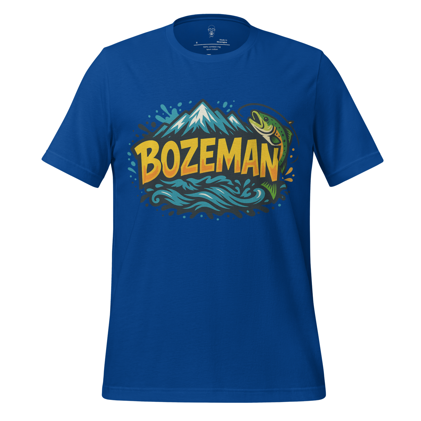 JMK Drip blue Bozeman graphic t-shirt with mountain, fish, and water design