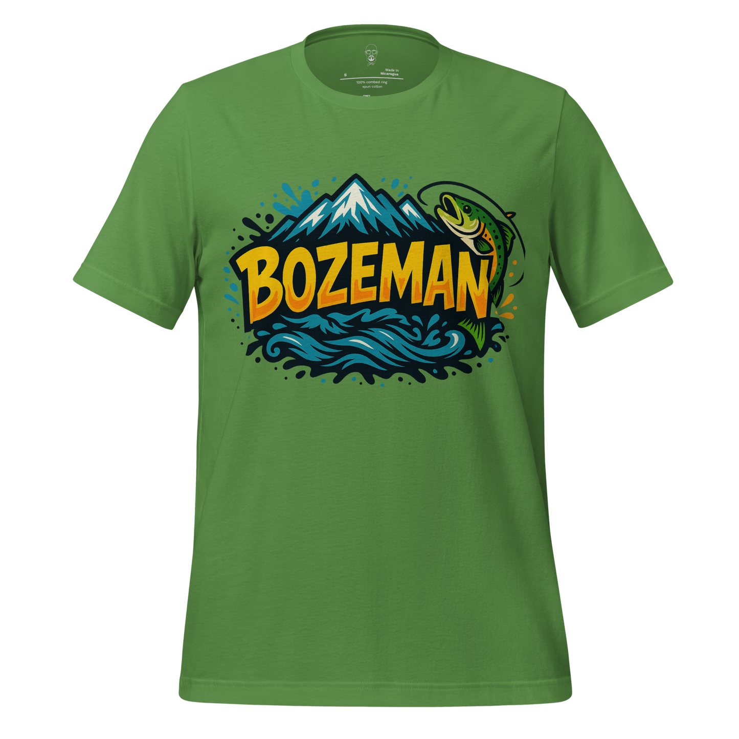 Green Bozeman graphic t-shirt by JMK Drip featuring mountain, fish, and river design