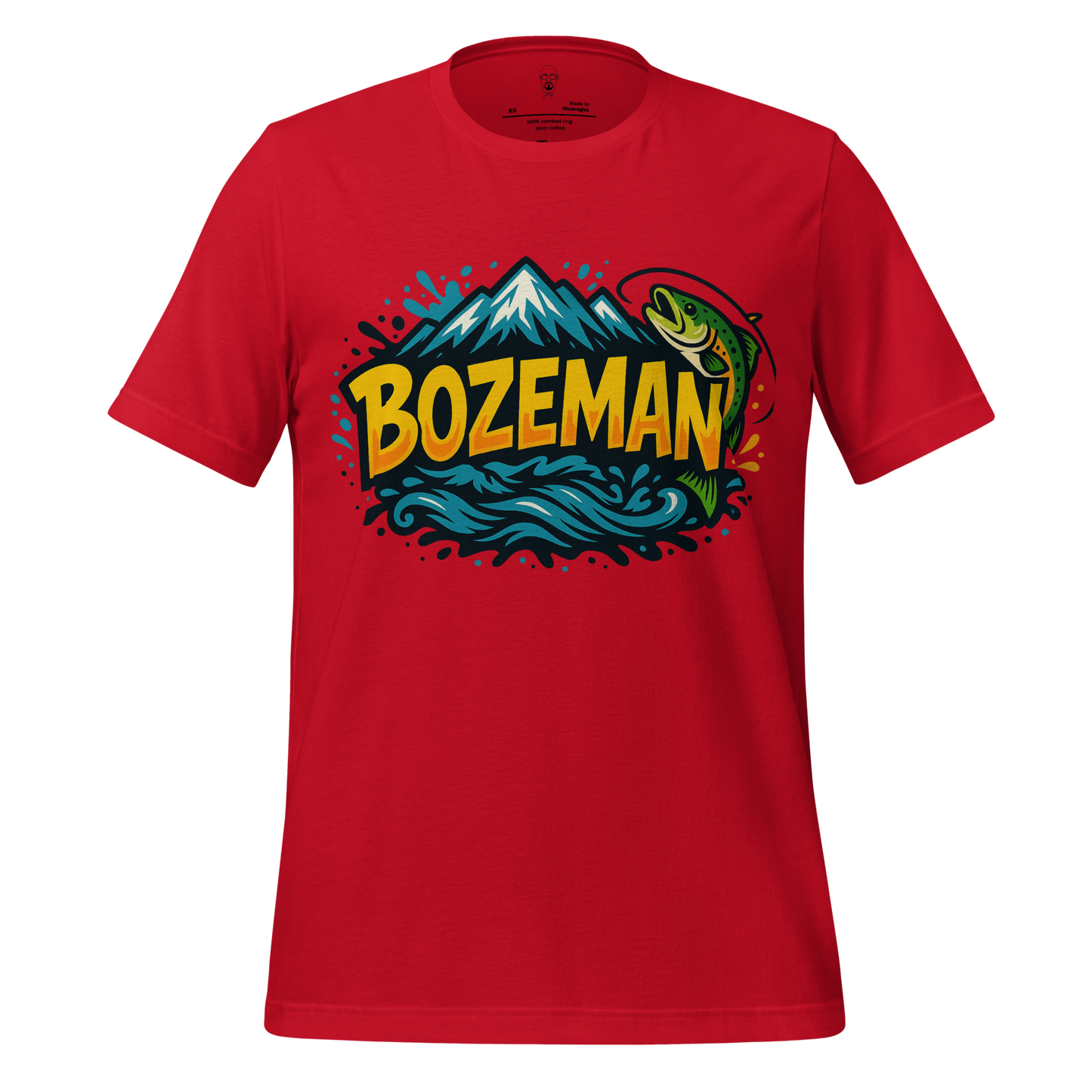 Red Bozeman graphic t-shirt with mountain, river, and fish design by JMK Drip