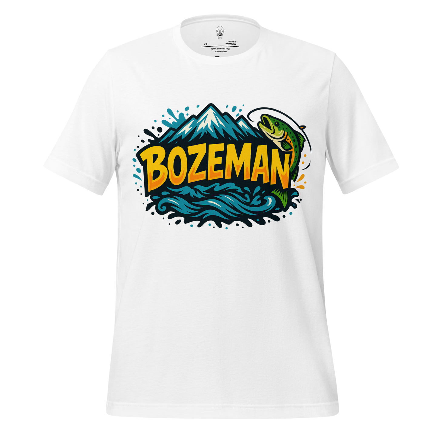 White Bozeman graphic t-shirt featuring a mountain and fish design by JMK Drip