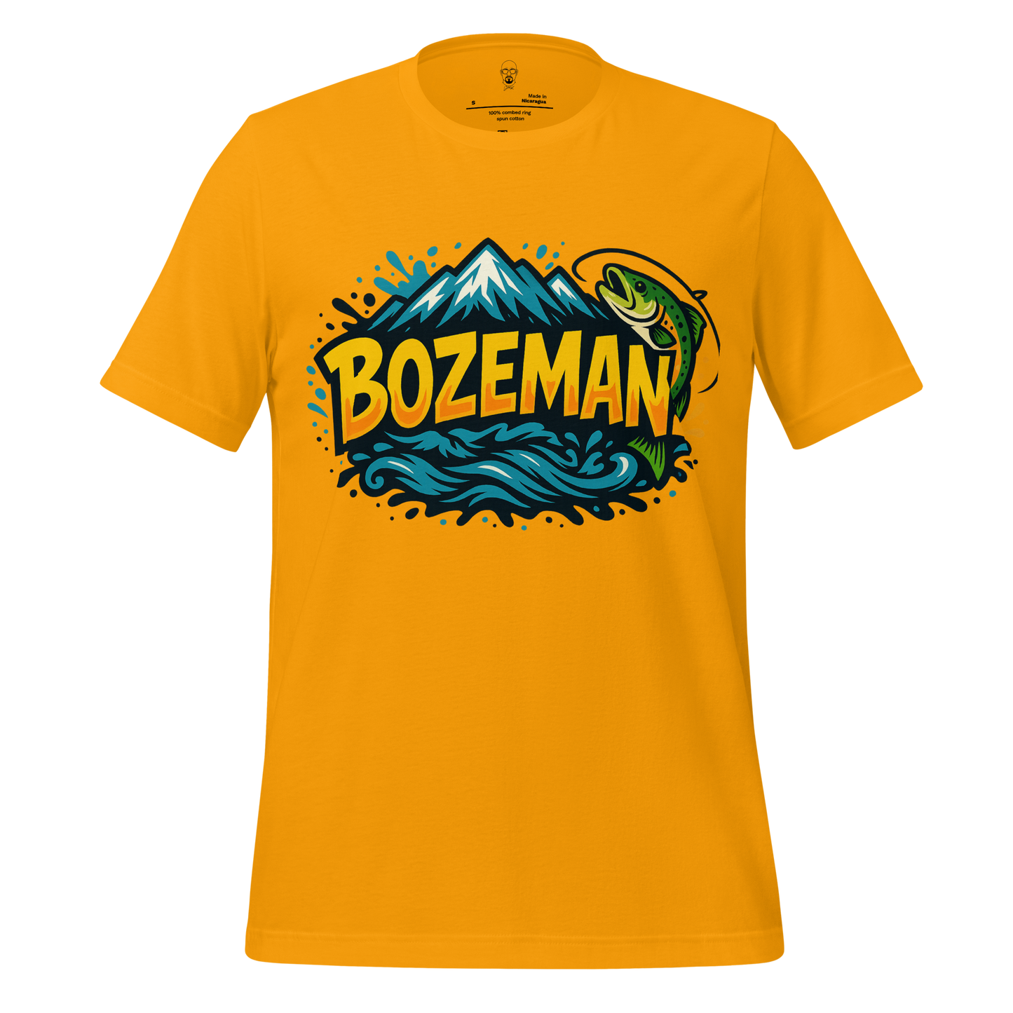 JMK Drip Bozeman graphic t-shirt in yellow with mountain and fish design