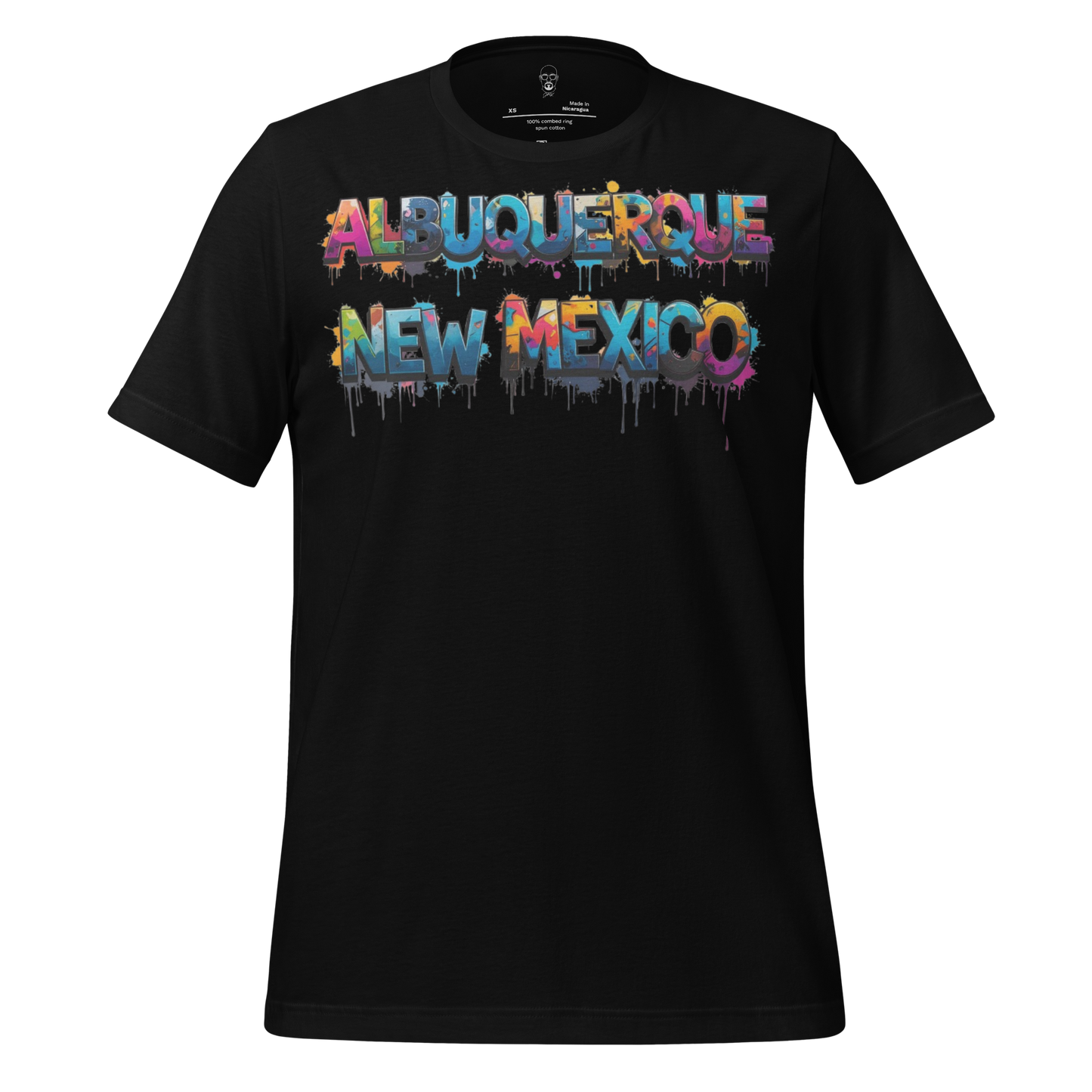 Black Albuquerque t-shirt with colorful dripping paint text design reading Albuquerque New Mexico