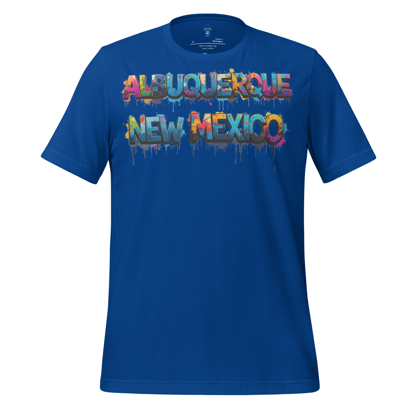 JMK Drip blue Albuquerque t-shirt with colorful dripping graffiti style text design
