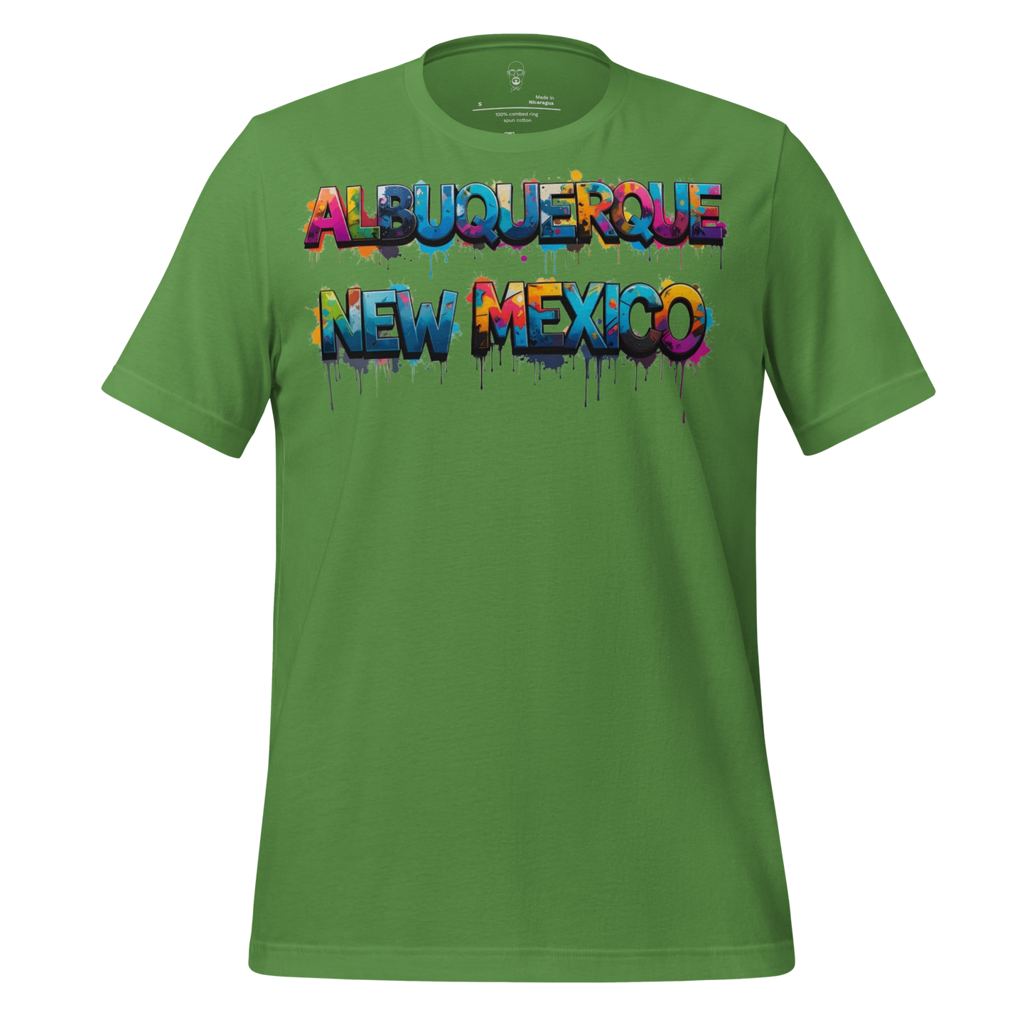 Green Albuquerque t-shirt with colorful graffiti style text reading Albuquerque New Mexico