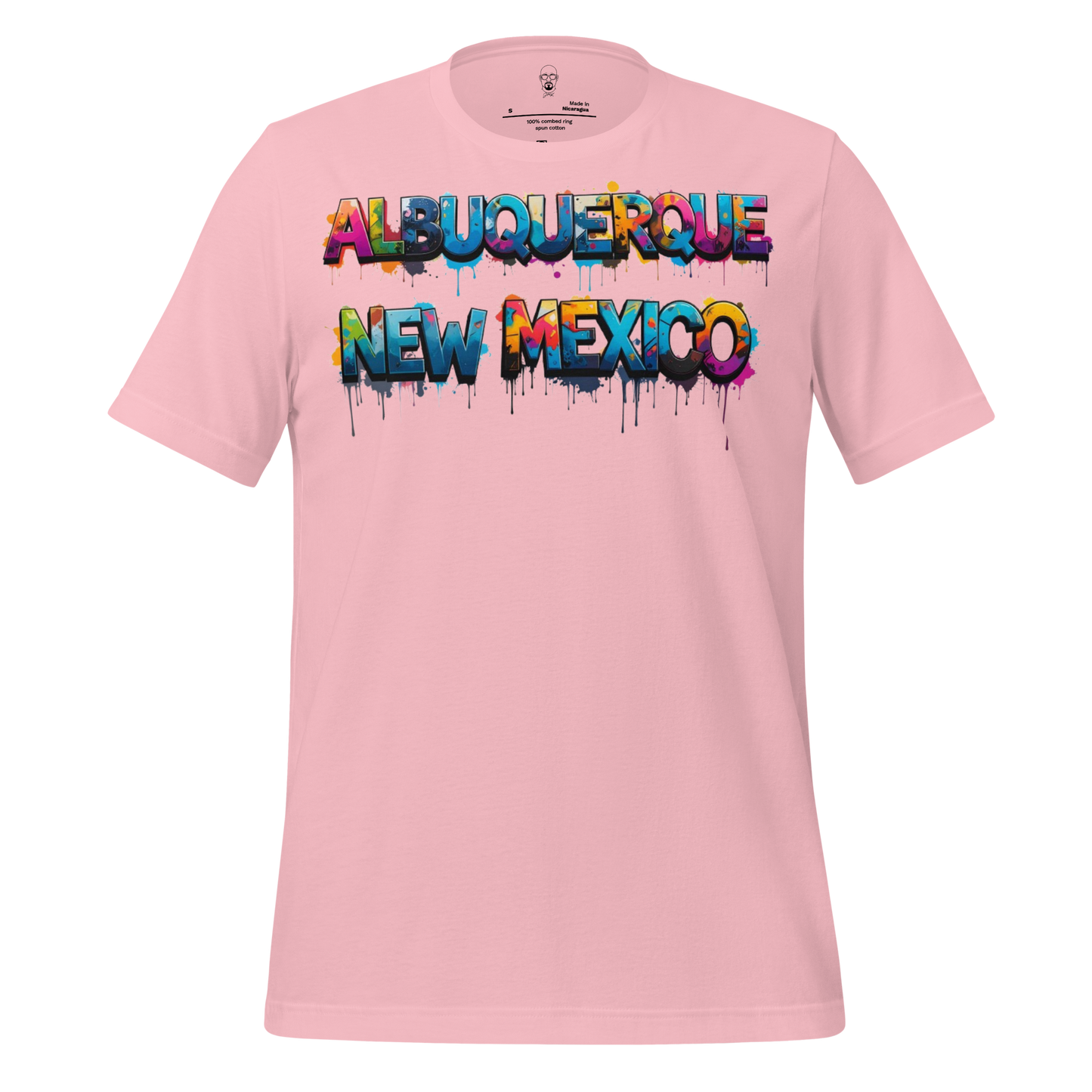 Pink Albuquerque t-shirt by JMK Drip featuring colorful graffiti style Albuquerque New Mexico text