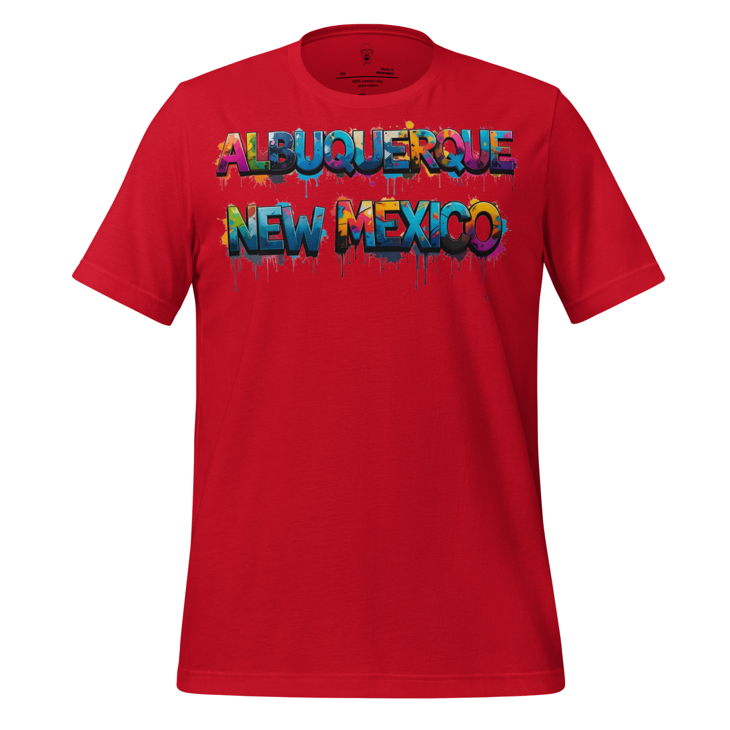 Red Albuquerque t-shirt with colorful graffiti style Albuquerque New Mexico text design