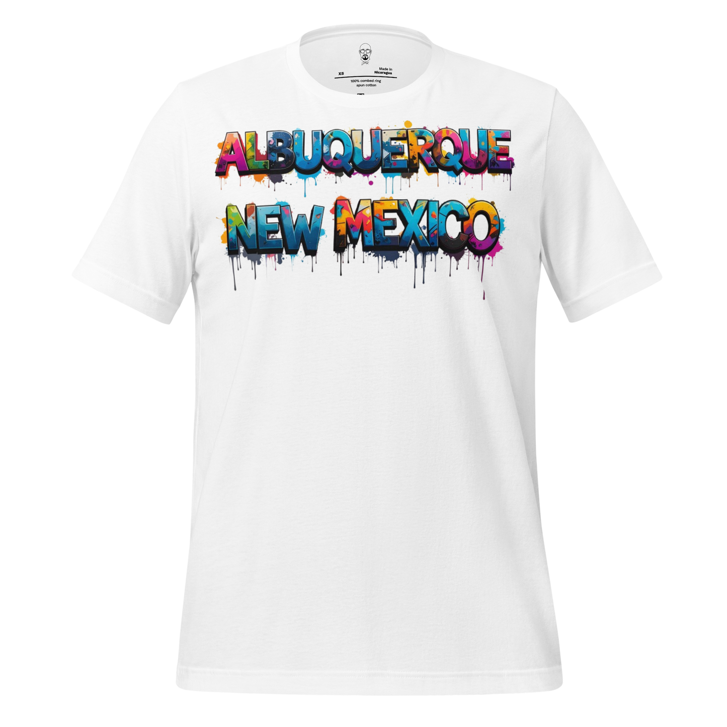 White Albuquerque t-shirt by JMK Drip with colorful graffiti style Albuquerque New Mexico text
