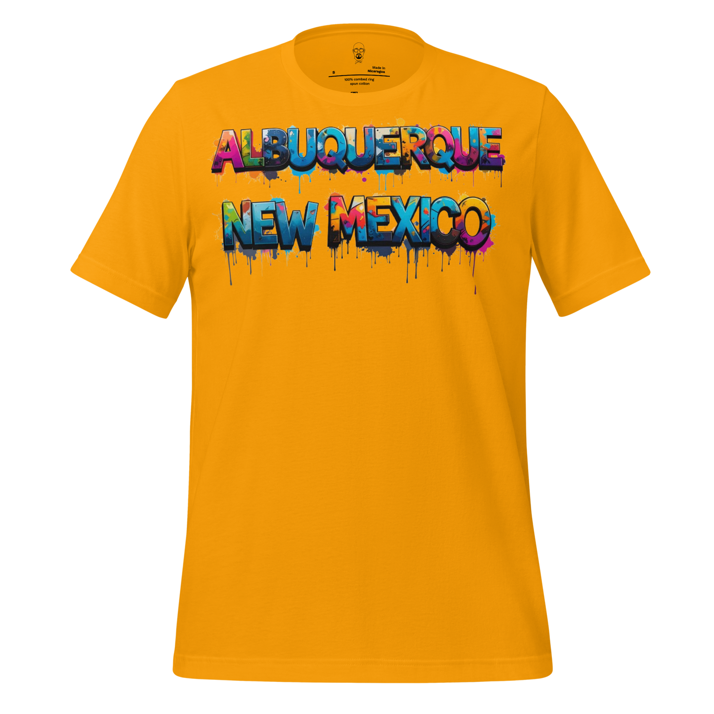 Bright yellow Albuquerque t-shirt with colorful dripping graffiti style text design