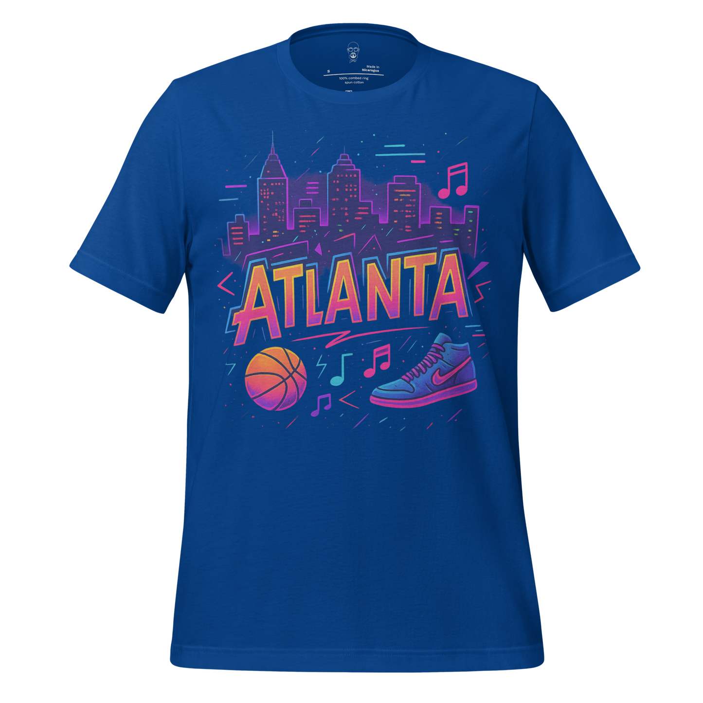 Blue Atlanta Graphic T-Shirt by JMK Drip featuring city skyline, basketball, sneaker, and music notes