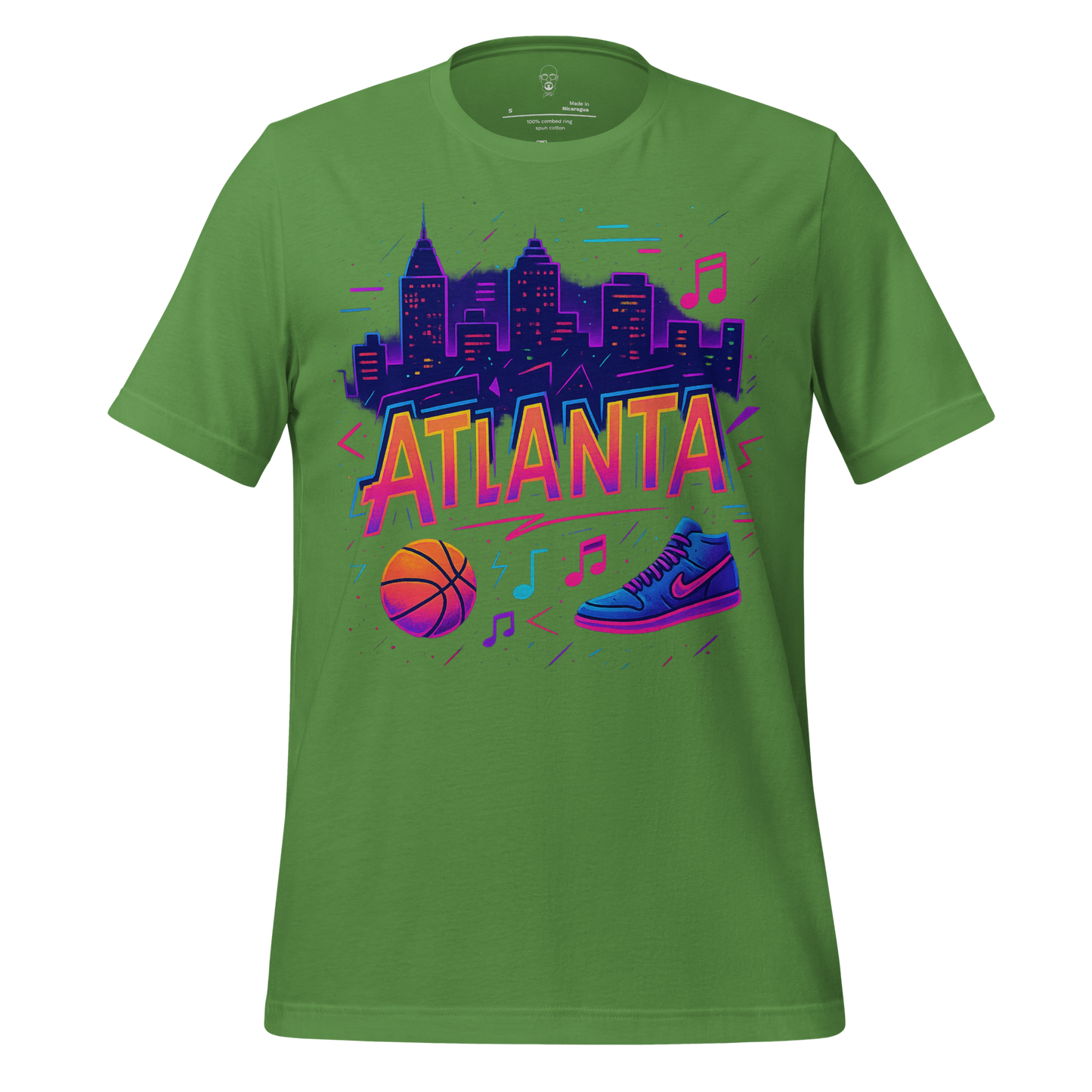 Green Atlanta Graphic T-Shirt with city skyline, basketball, sneaker, and music notes design