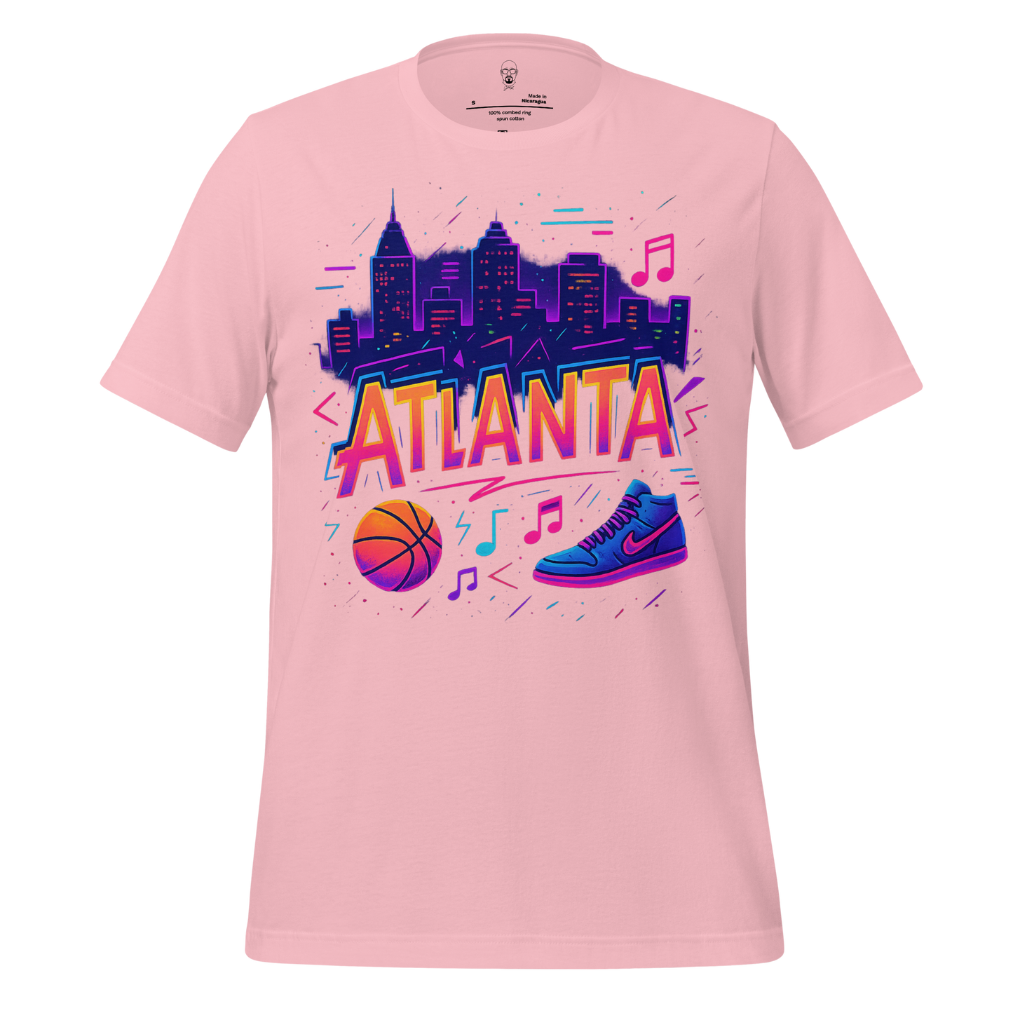 Pink Atlanta Graphic T-Shirt with city skyline, basketball, sneaker, and music notes design