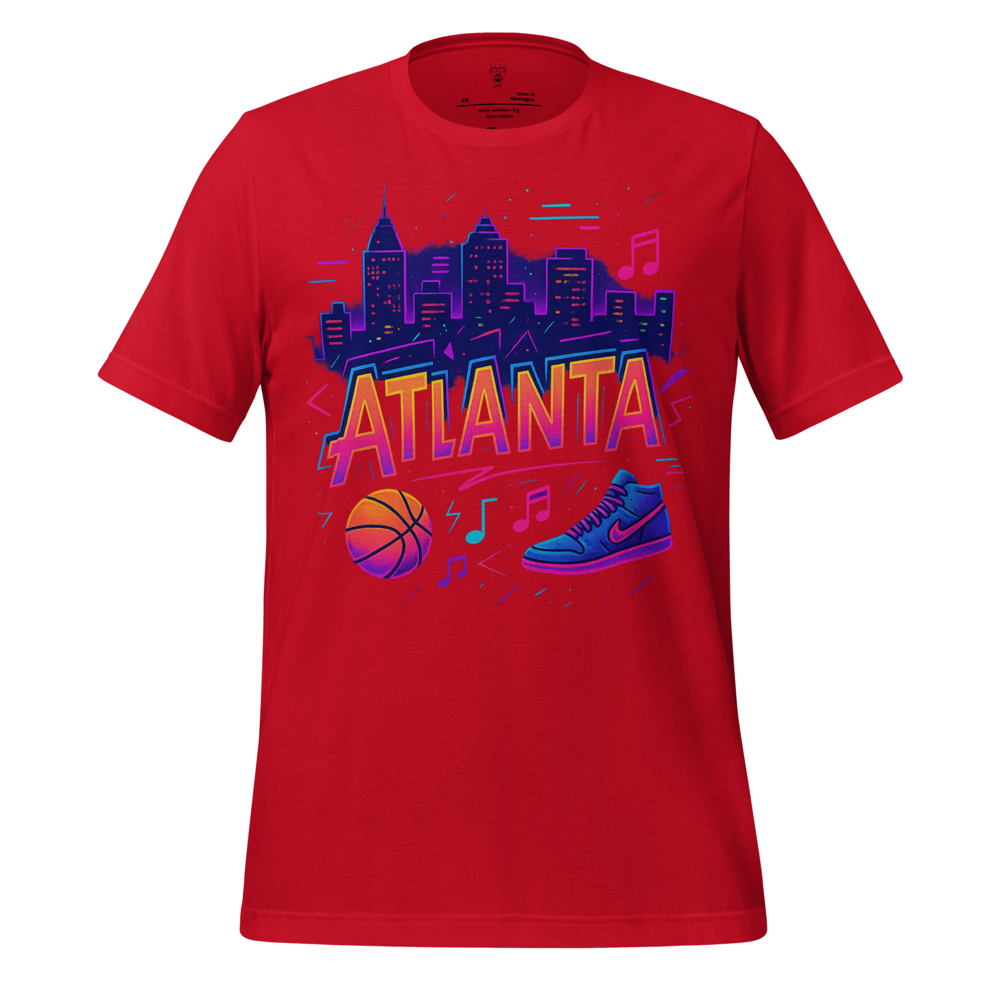 JMK Drip red Atlanta Graphic T-Shirt featuring city skyline, basketball, music notes, and sneaker design