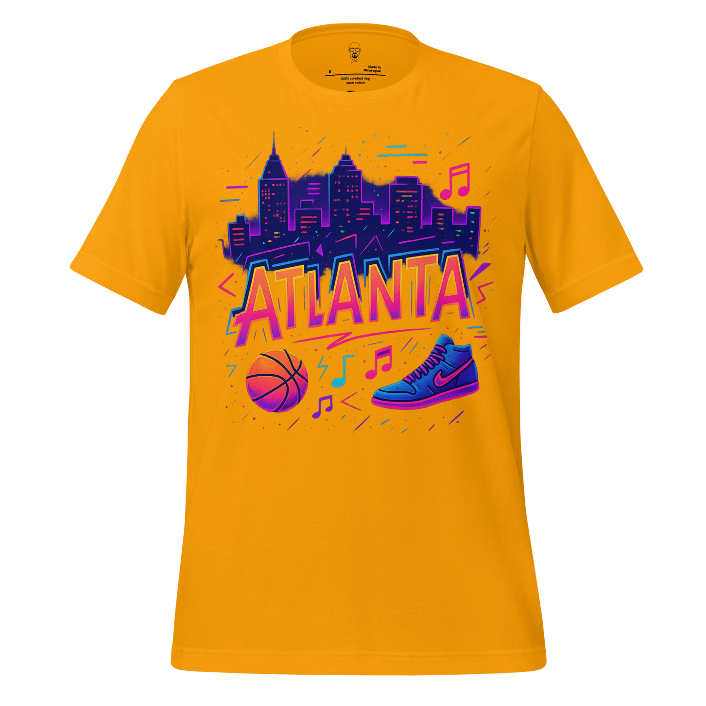 JMK Drip Atlanta Graphic T-Shirt in yellow with city skyline, basketball, music notes, and sneaker design