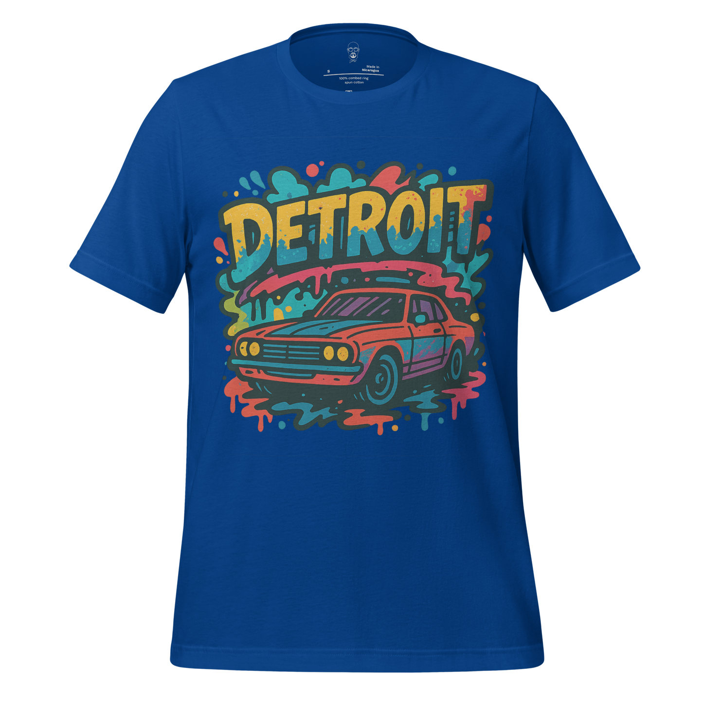 JMK Drip Detroit Graphic T-Shirt 1 in blue with colorful vintage car and graffiti style design