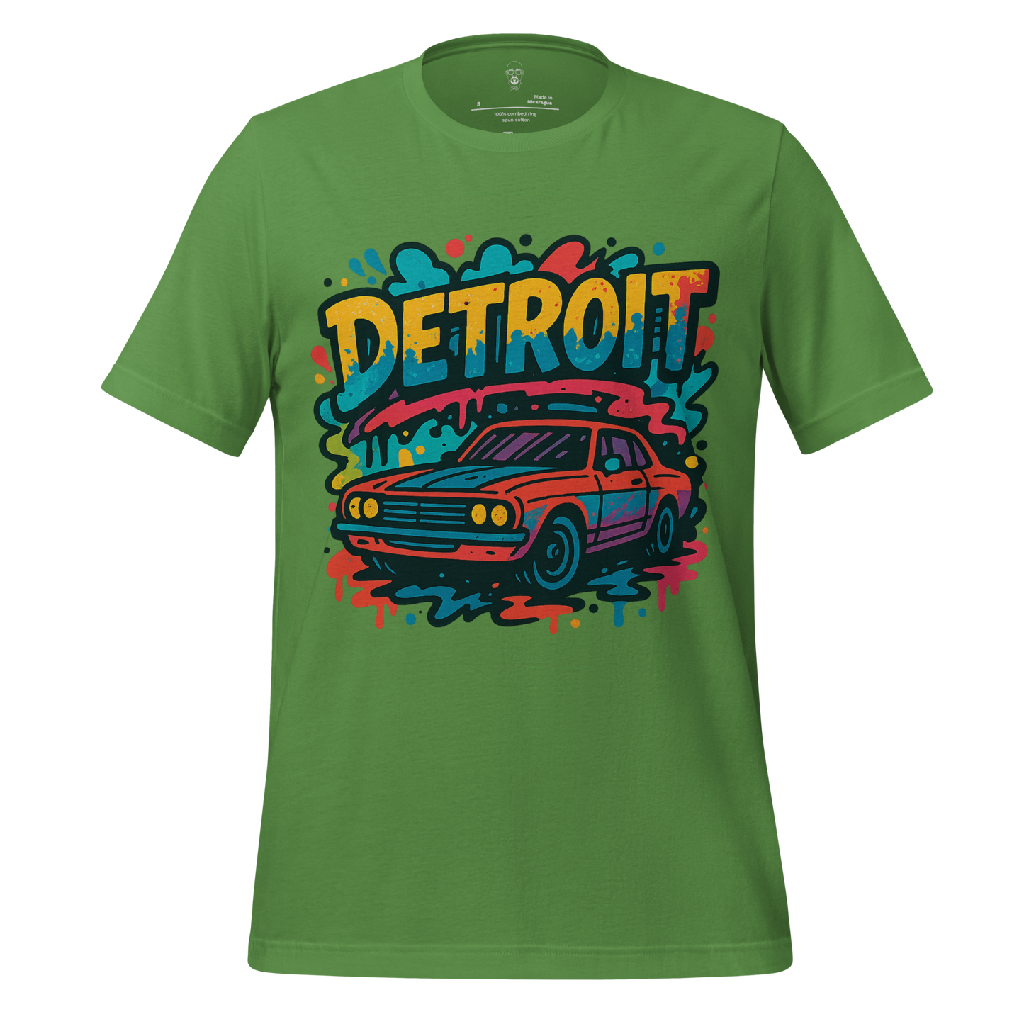 Green Detroit Graphic T-Shirt 1 by JMK Drip featuring colorful vintage car and bold Detroit text