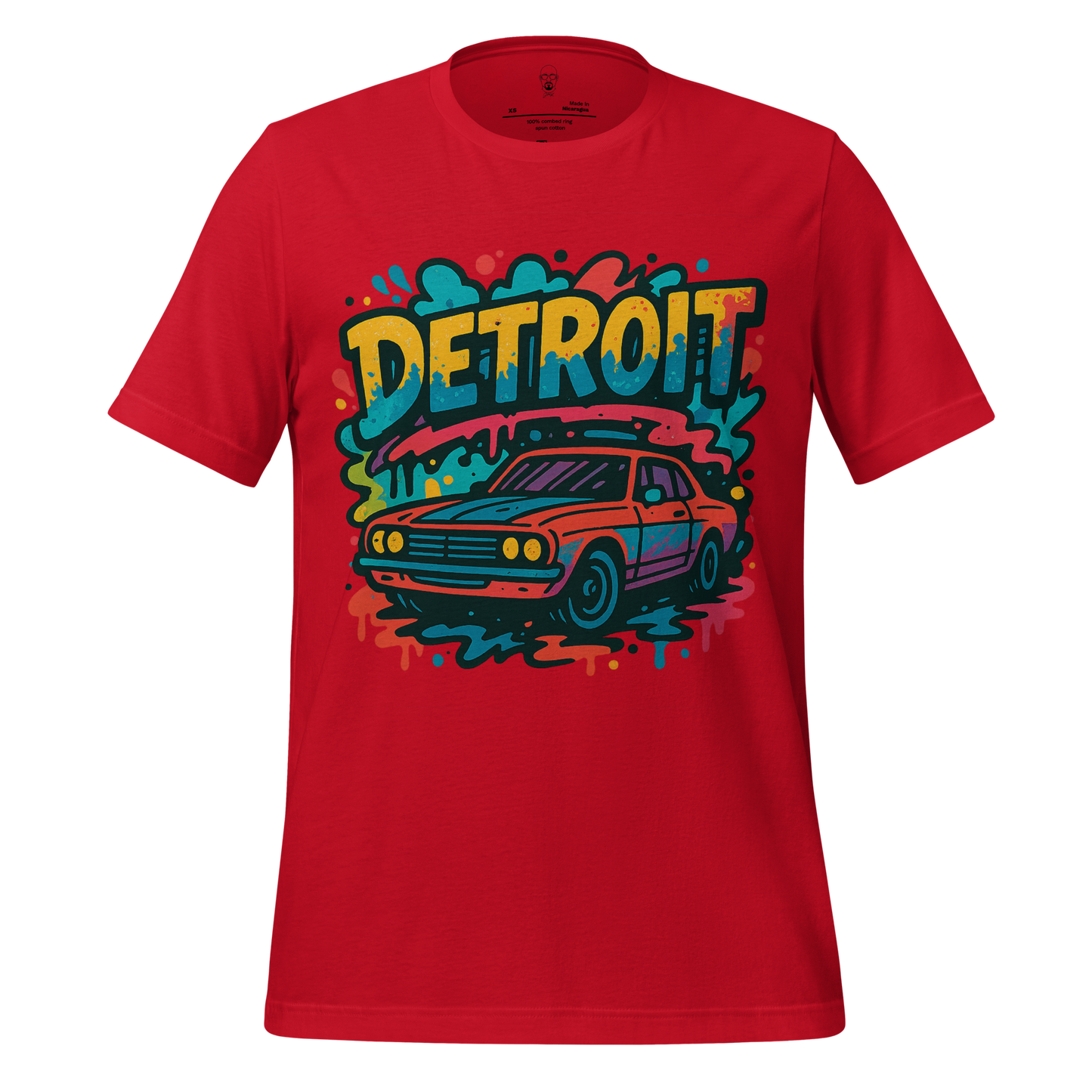 Red Detroit Graphic T-Shirt 1 featuring vintage car and colorful graffiti style design