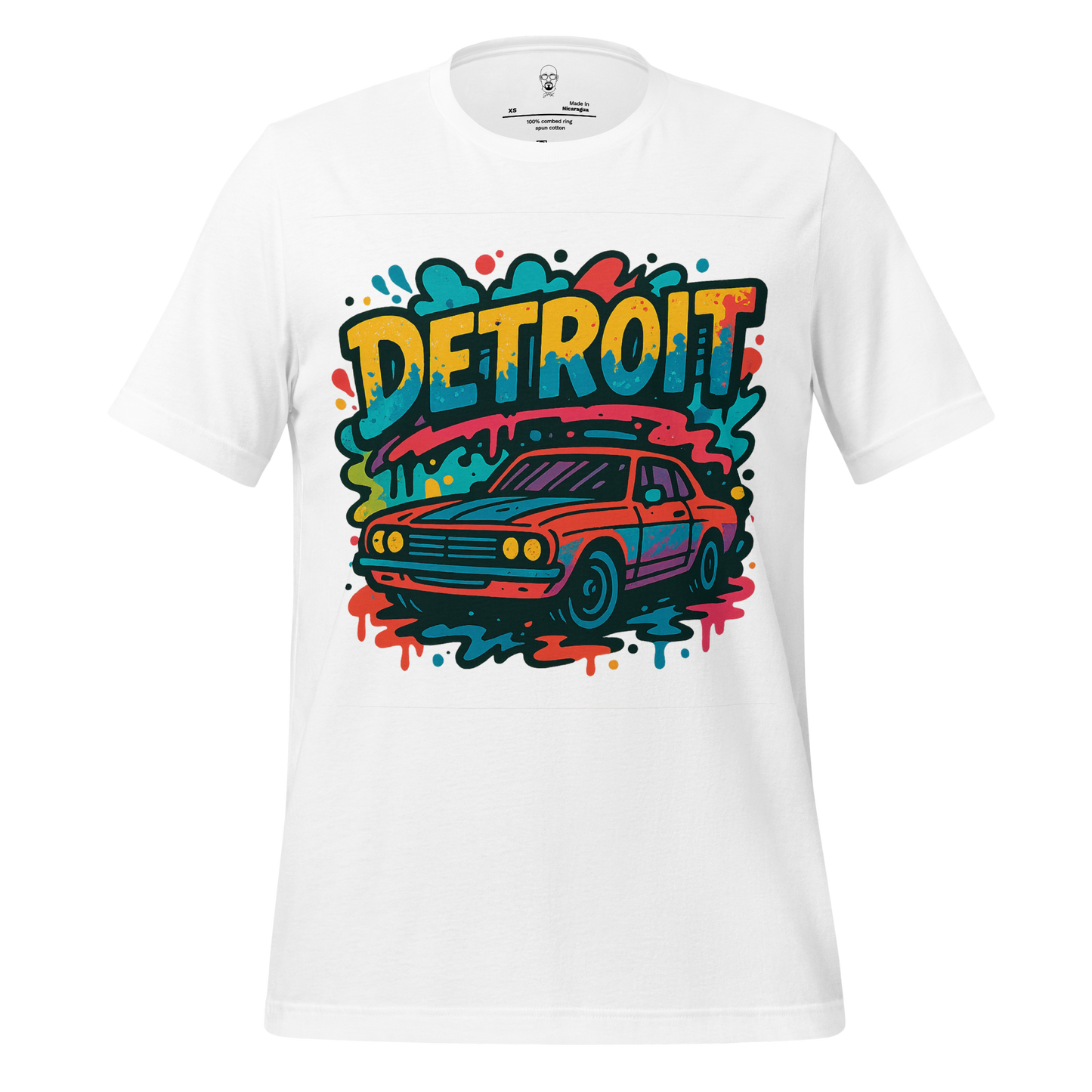 White Detroit Graphic T-Shirt 1 by JMK Drip featuring colorful vintage car and bold Detroit text