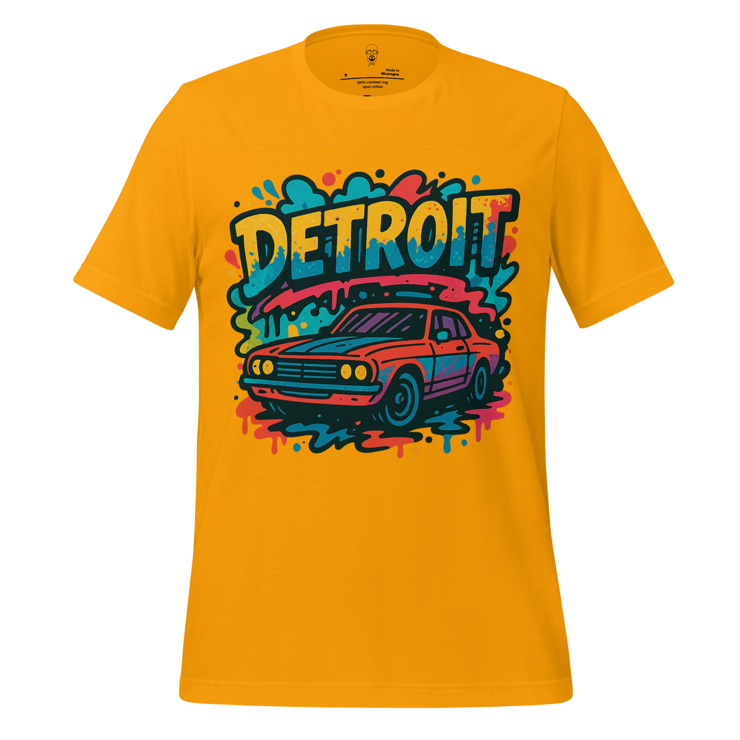 Yellow Detroit Graphic T-Shirt 1 by JMK Drip featuring a colorful vintage car and bold Detroit text