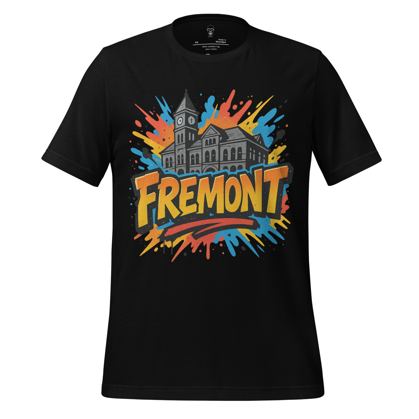 Black JMK Drip Fremont Graphic T-Shirt with colorful splash and historic building design