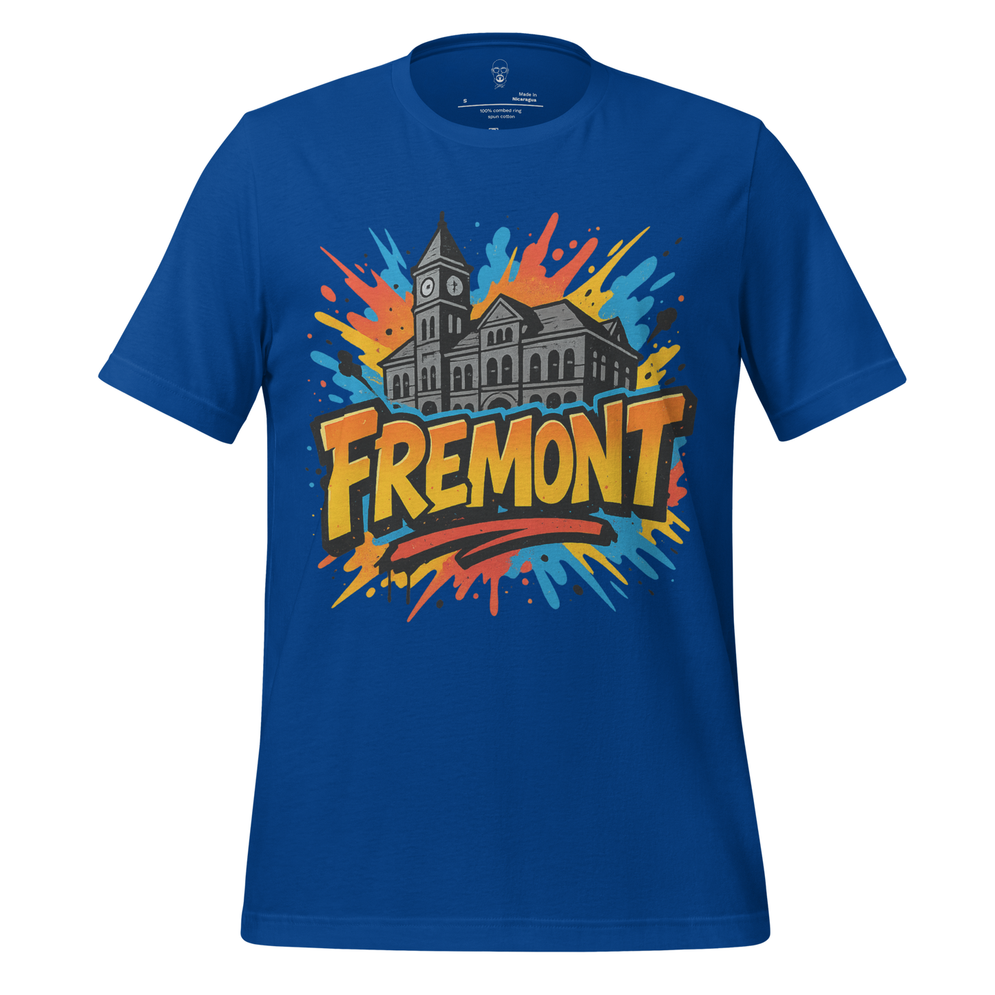 JMK Drip blue Fremont Graphic T-Shirt with colorful splash and historic building design