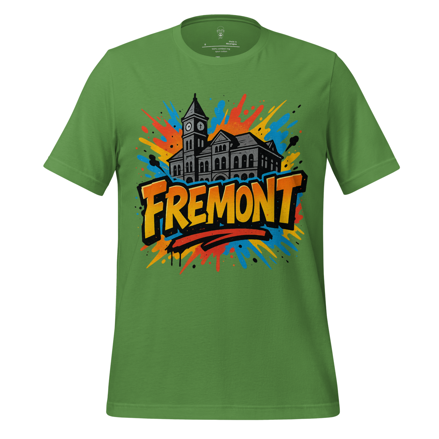 JMK Drip green Fremont Graphic T-Shirt with colorful splatter and historic building design