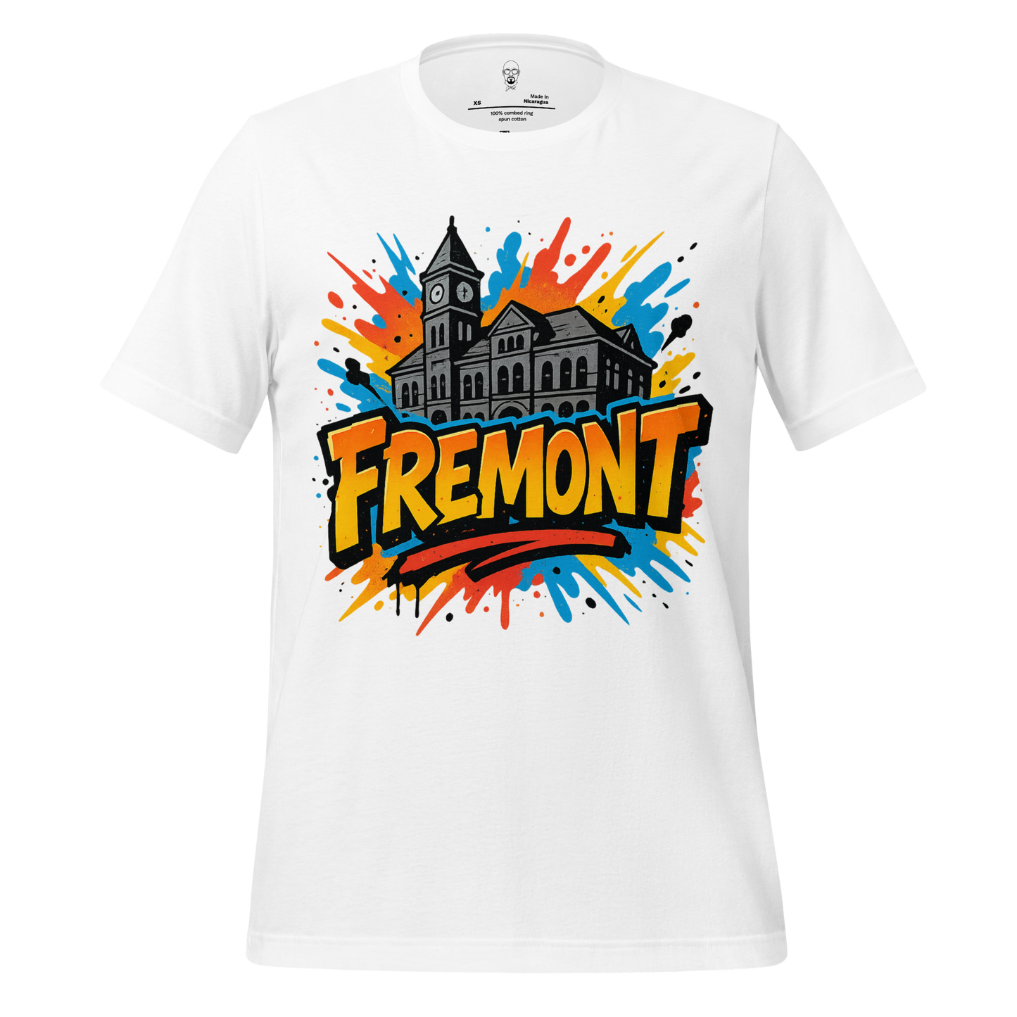 White Fremont Graphic T-Shirt with colorful splash design and historic building illustration
