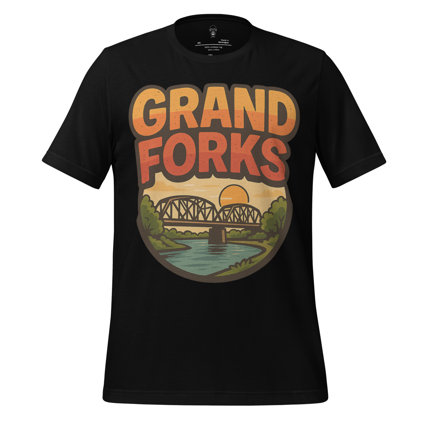 Black JMK Drip Grand Forks Graphic T-Shirt with bridge and sunset design on front
