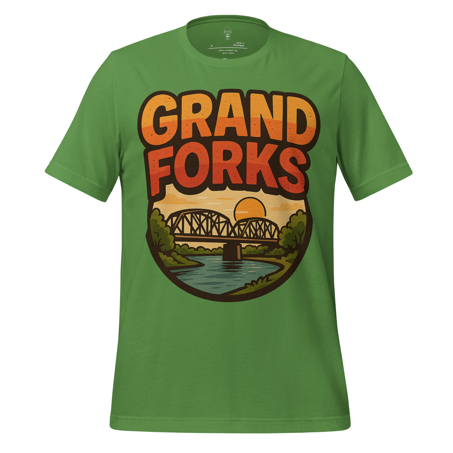 Green JMK Drip Grand Forks Graphic T-Shirt with sunset bridge and river design