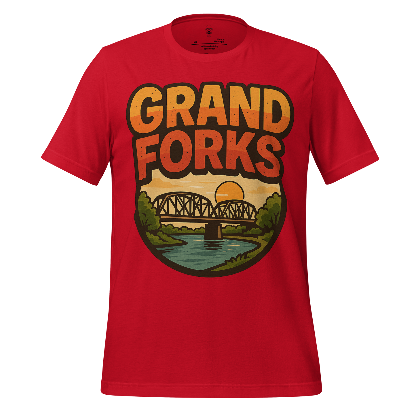 Red Grand Forks Graphic T-Shirt by JMK Drip featuring sunset and bridge design on front
