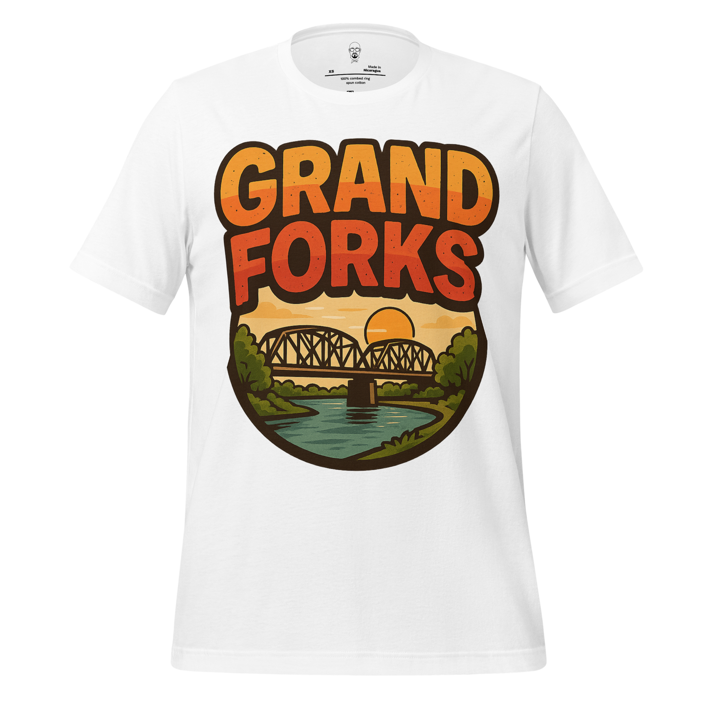 White Grand Forks Graphic T-Shirt by JMK Drip featuring sunset bridge and river design