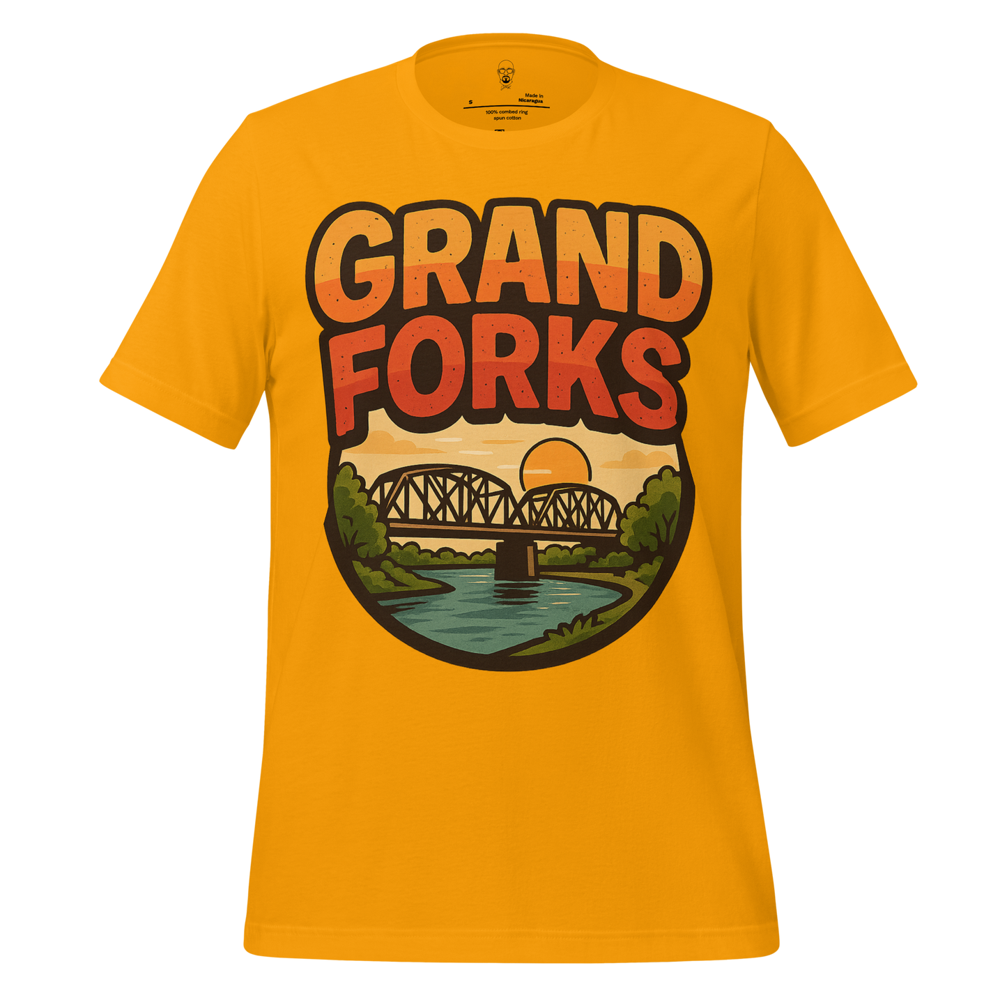 Yellow JMK Drip Grand Forks Graphic T-Shirt with bridge and sunset design on front