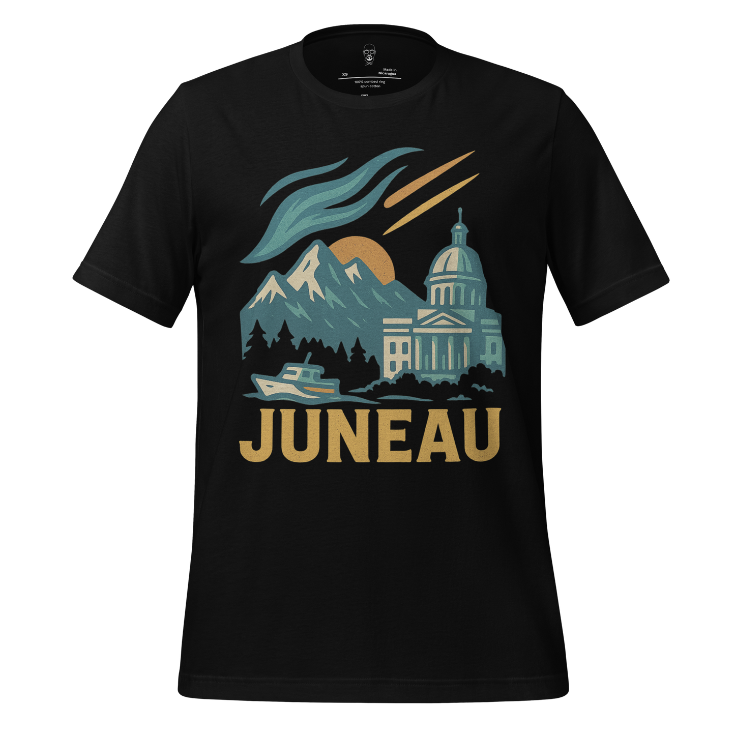 JMK Drip Juneau Graphic T-Shirt with mountain, boat, and building design on black fabric