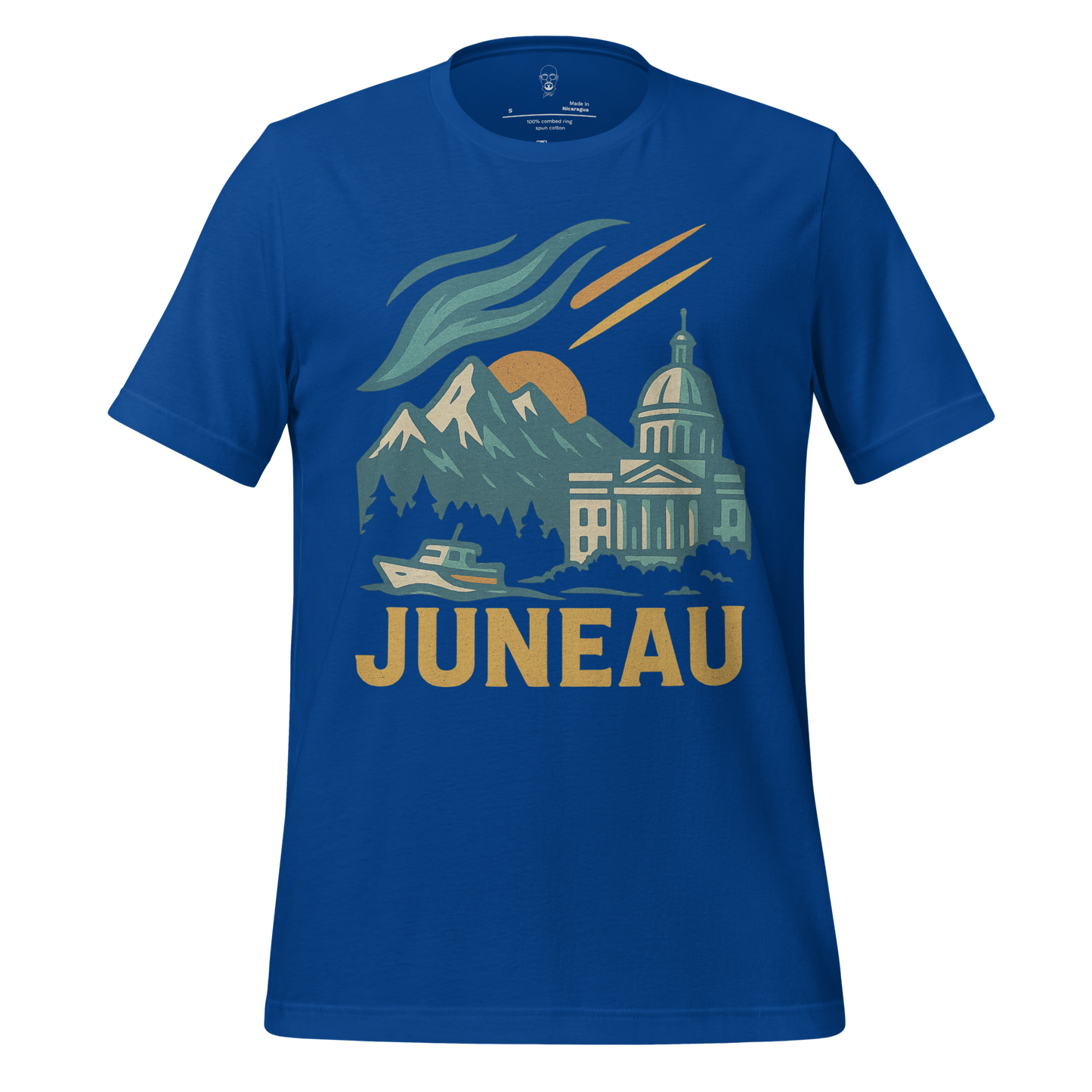 JMK Drip Juneau Graphic T-Shirt in blue featuring mountain, boat, and cityscape design