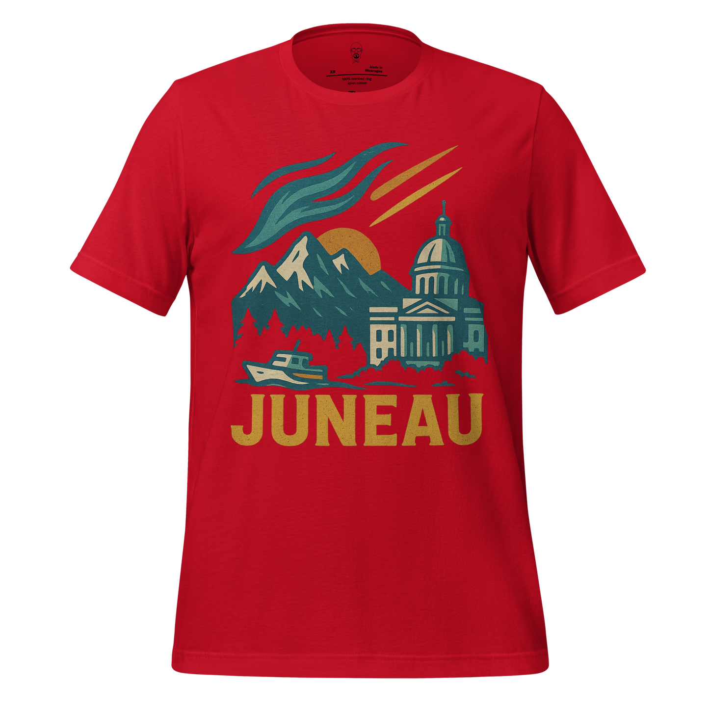 JMK Drip Juneau Graphic T-Shirt in red with mountain, boat, and capitol building design
