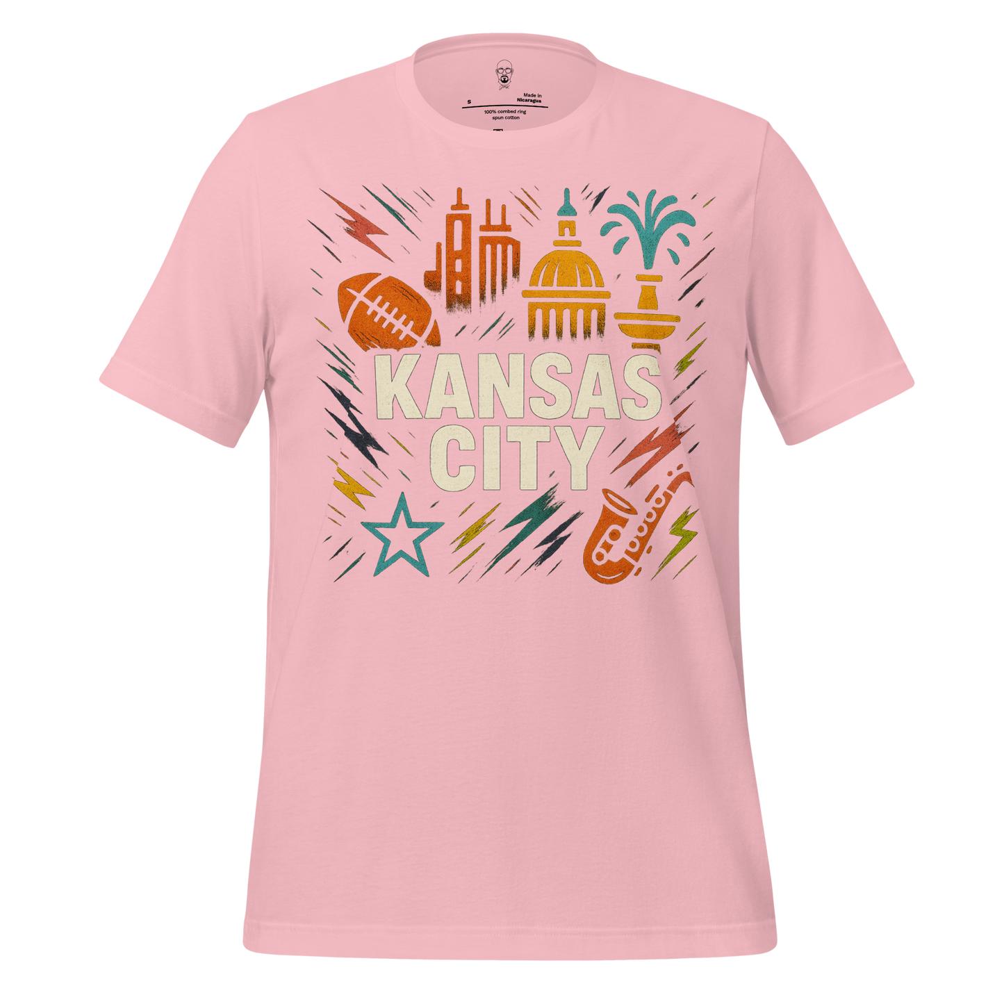 Kansas City, Missouri Graphic T-Shirt 2 in pink with city landmarks and sports icons design
