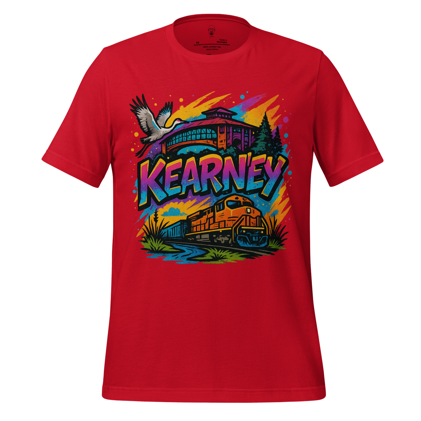 Red Kearney Graphic T-Shirt by JMK Drip with colorful train and bird design