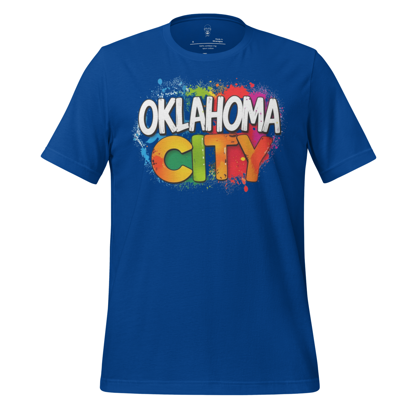 Blue Oklahoma City t-shirt with colorful paint splash design and bold white and yellow text