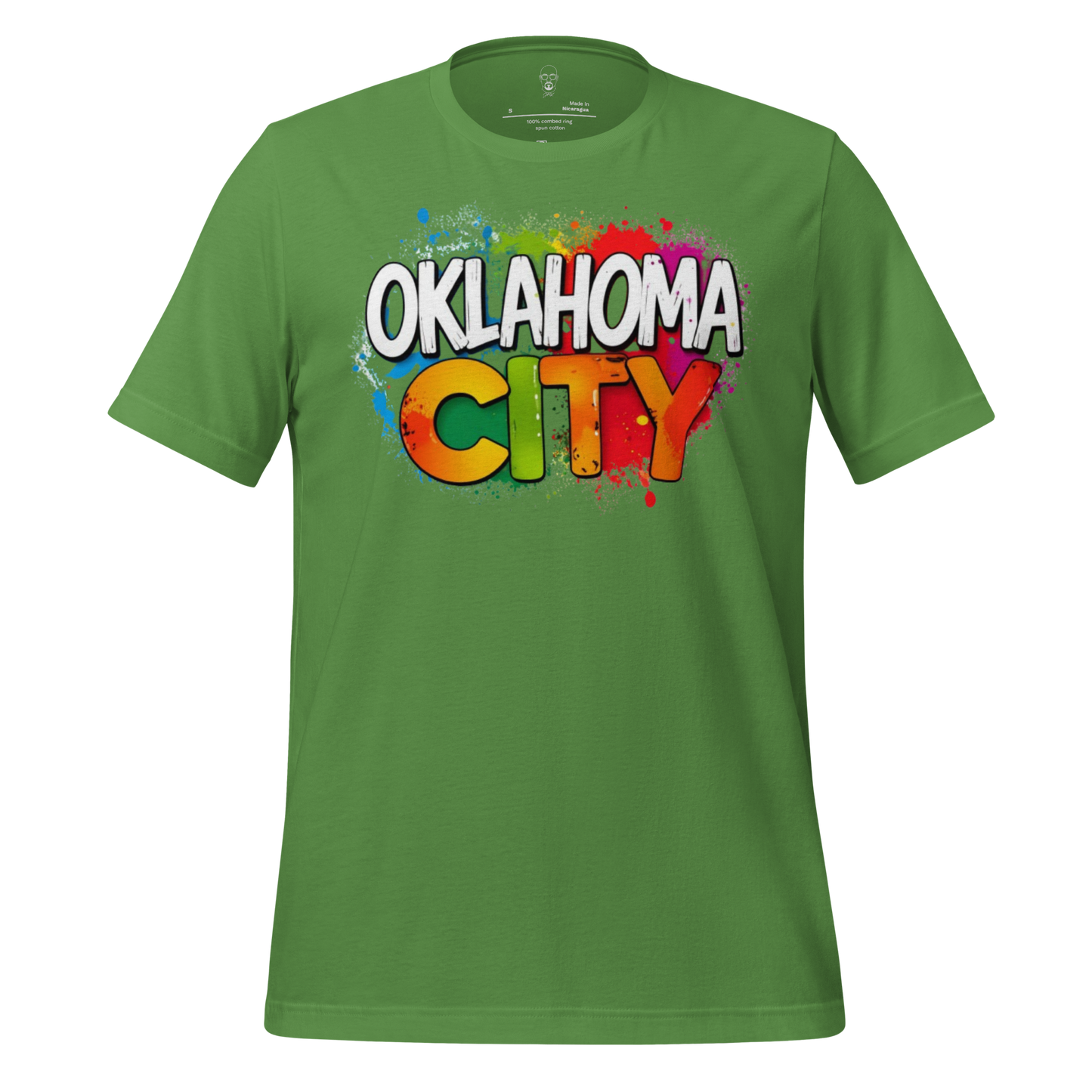 Green JMK Drip Oklahoma City t-shirt with colorful splatter graphic design