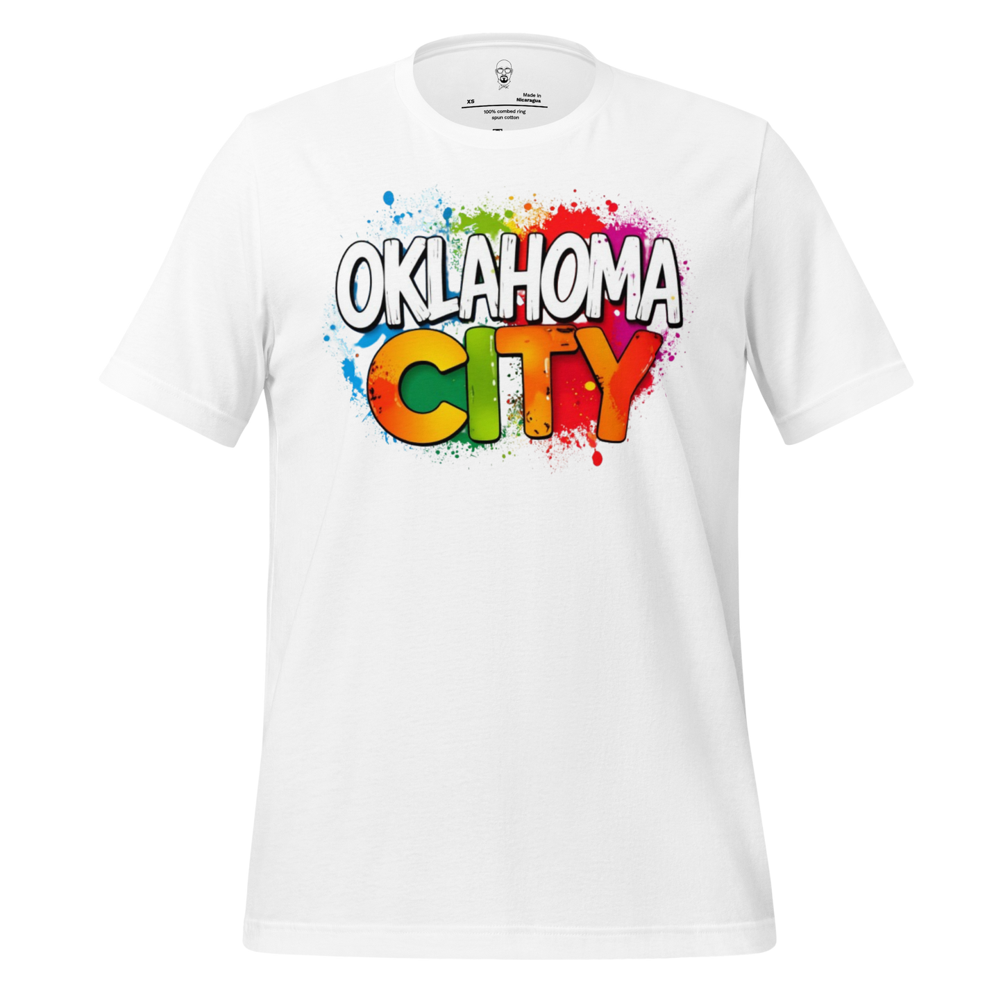 White Oklahoma City t-shirt with colorful paint splatter design and bold city text