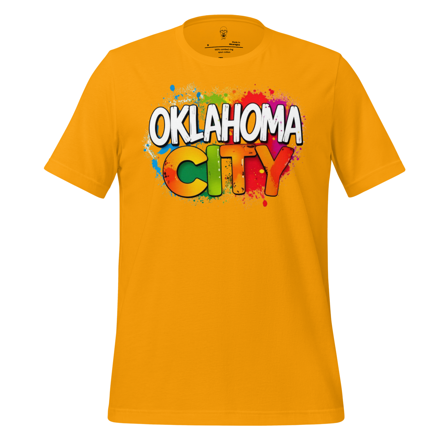 Bright orange Oklahoma City t-shirt with colorful splash design and bold white and rainbow text