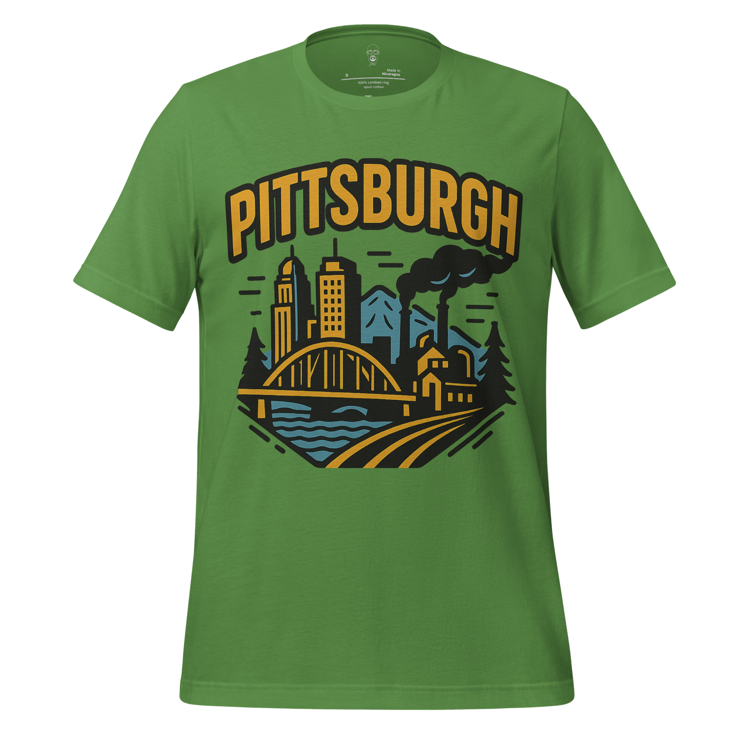Green Pittsburgh Graphic T-Shirt by JMK Drip with city skyline and industrial design