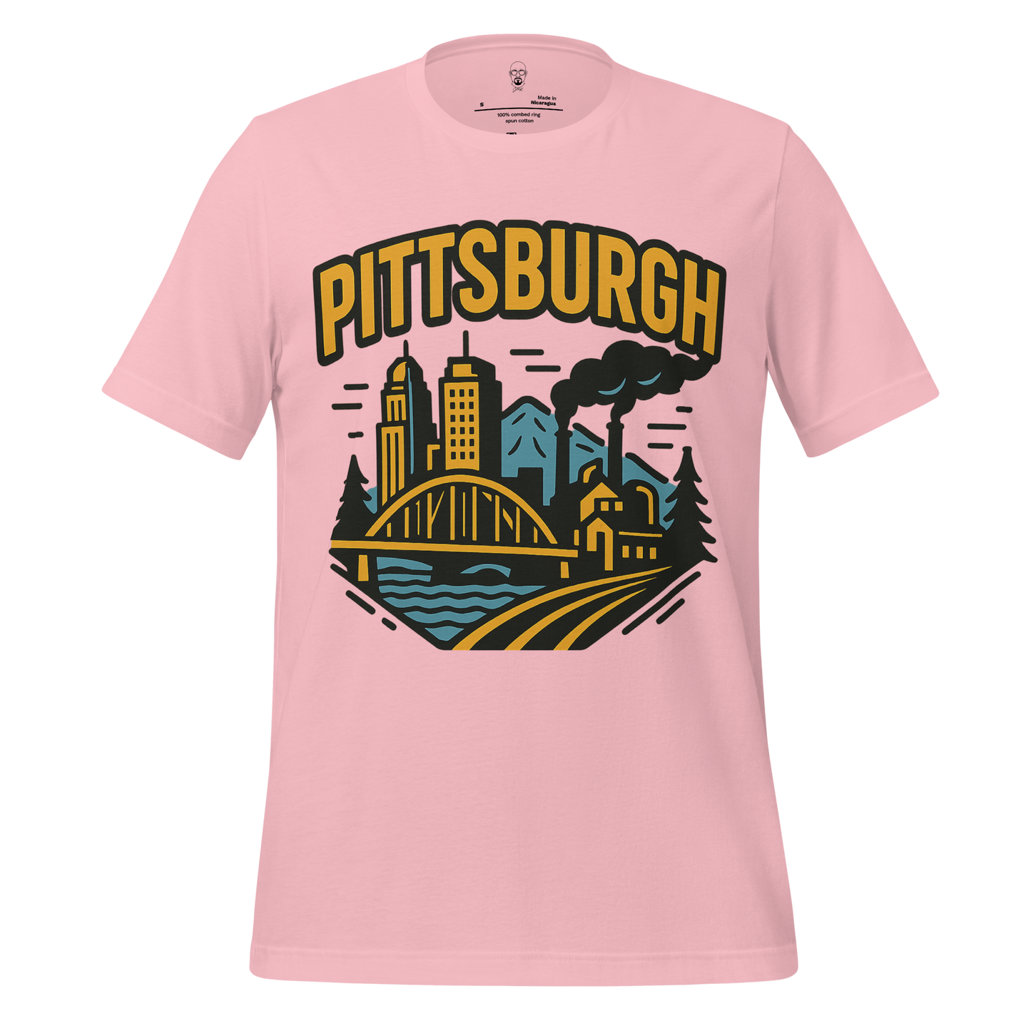 Pink Pittsburgh Graphic T-Shirt by JMK Drip with city skyline and bridge design