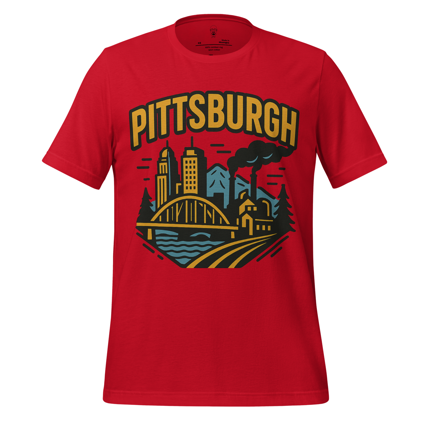 Red Pittsburgh Graphic T-Shirt featuring city skyline with bridge and factory smoke design
