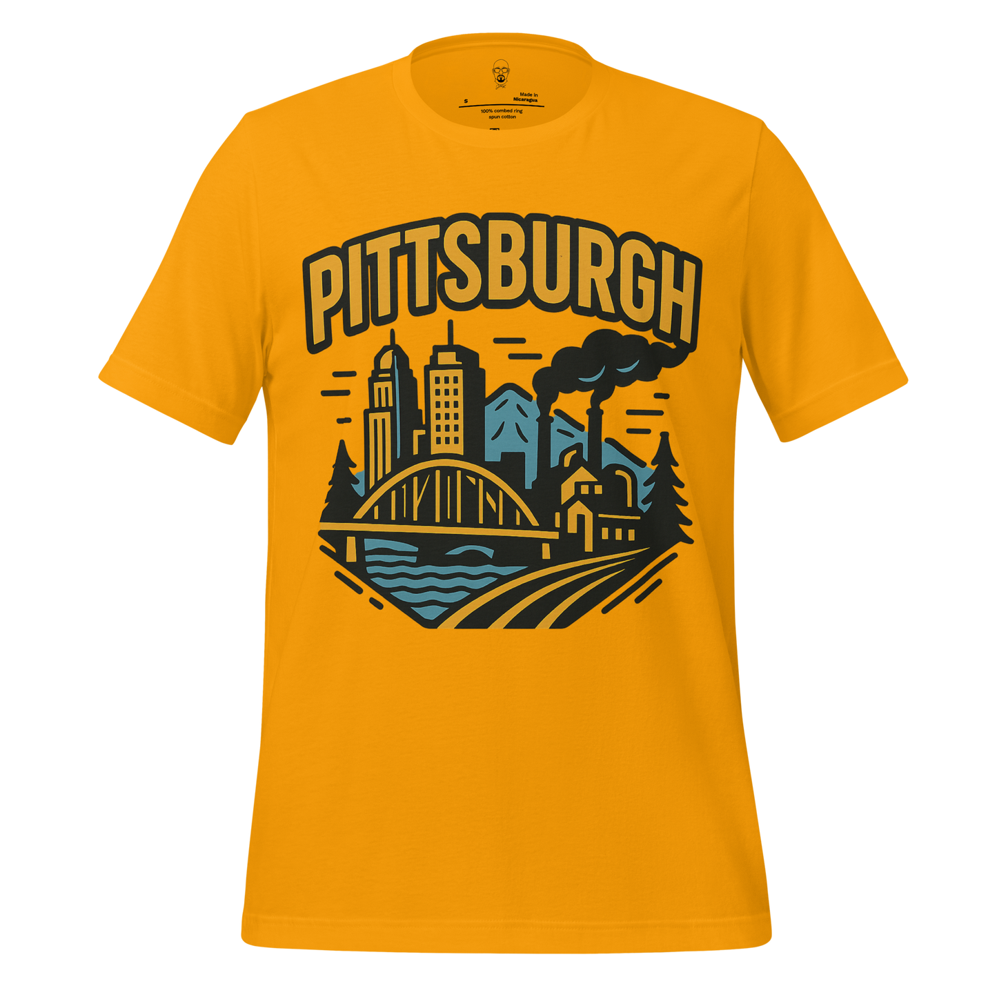 JMK Drip yellow Pittsburgh Graphic T-Shirt featuring city skyline, bridge, and factory design